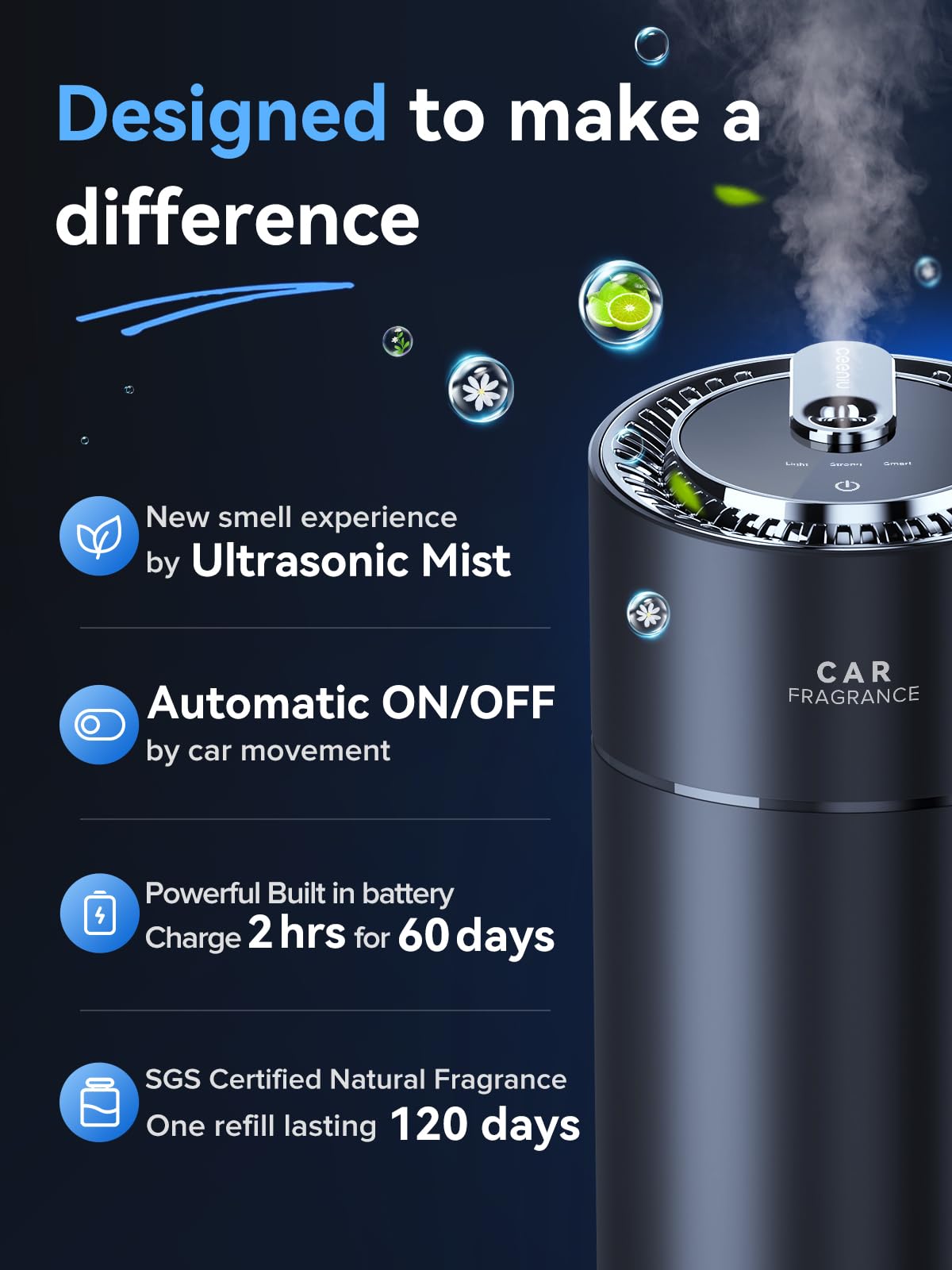 Ceeniu Smart Car Air Fresheners, New Smell Experience By Ultrasonic Mist, Auto On/Off, Powerful Built-In Battery, Long Lasting N