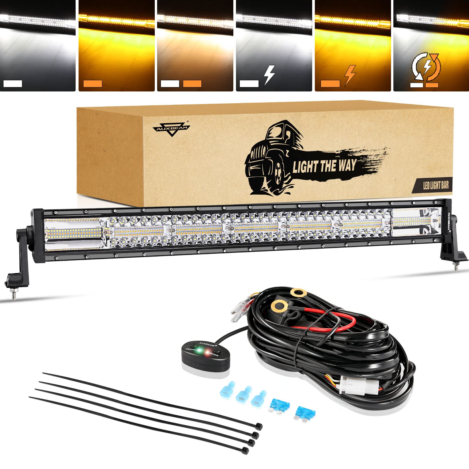 Auxbeam Led Light Bar 30 Inch, 180W 6 Modes Strobe Lights Amber White Flood Spot Combo Flashing Fog Driving Work Light For Car J