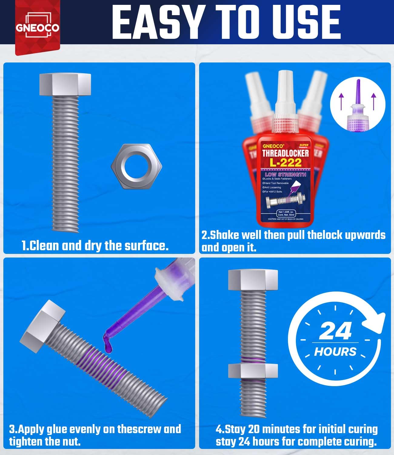 Threadlocker L222 1.69 Fl Oz/50 Ml, Thread Lock Low Strength Lock Tight For Nuts, Bolts, Fasteners And Metals, Anaerobic Curing