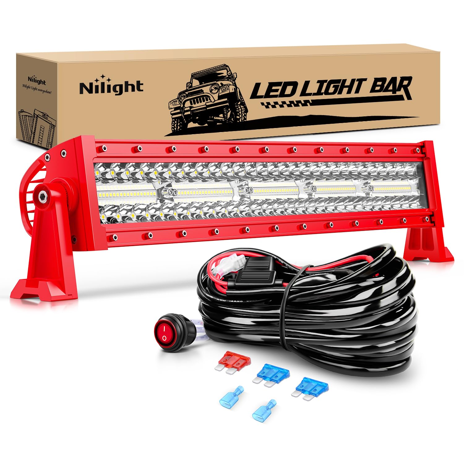 Nilight Led Light Bar 22Inch Triple Row Spot Flood Combo Lights Red Shell With Wiring Harness Kit For Fog Driving Work Lighting