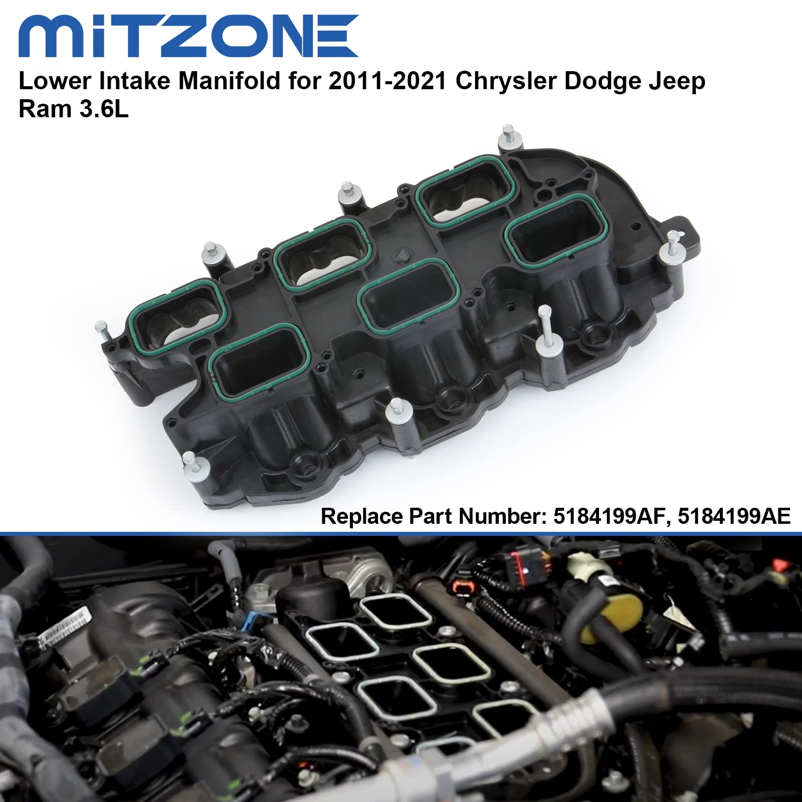 MITZONE Lower Intake Manifold with Gasket Compatible with 2011-2018 Jeep Dodge RAM Chrysler 3.6L V6 Vehicles - Grand Cherokee Wr