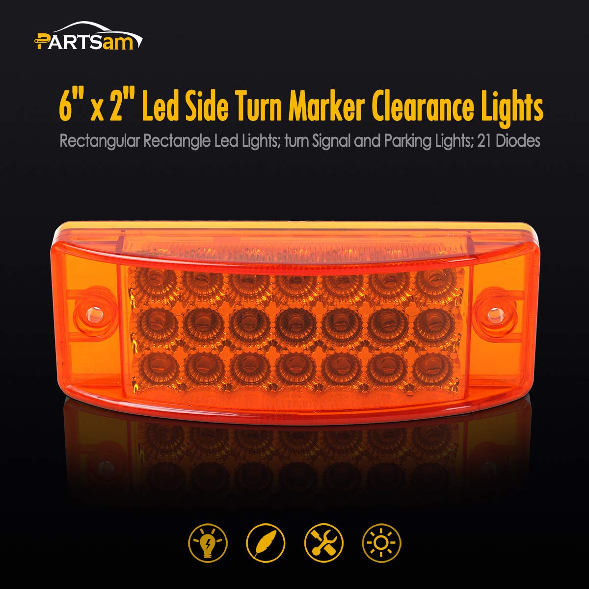 Partsam 2Pcs 6'' Rectangle Amber 21Led Marker Light Turn Signal 6X2 Rectangular Clearance Lights For Trailer Truck Rv Camper Mot