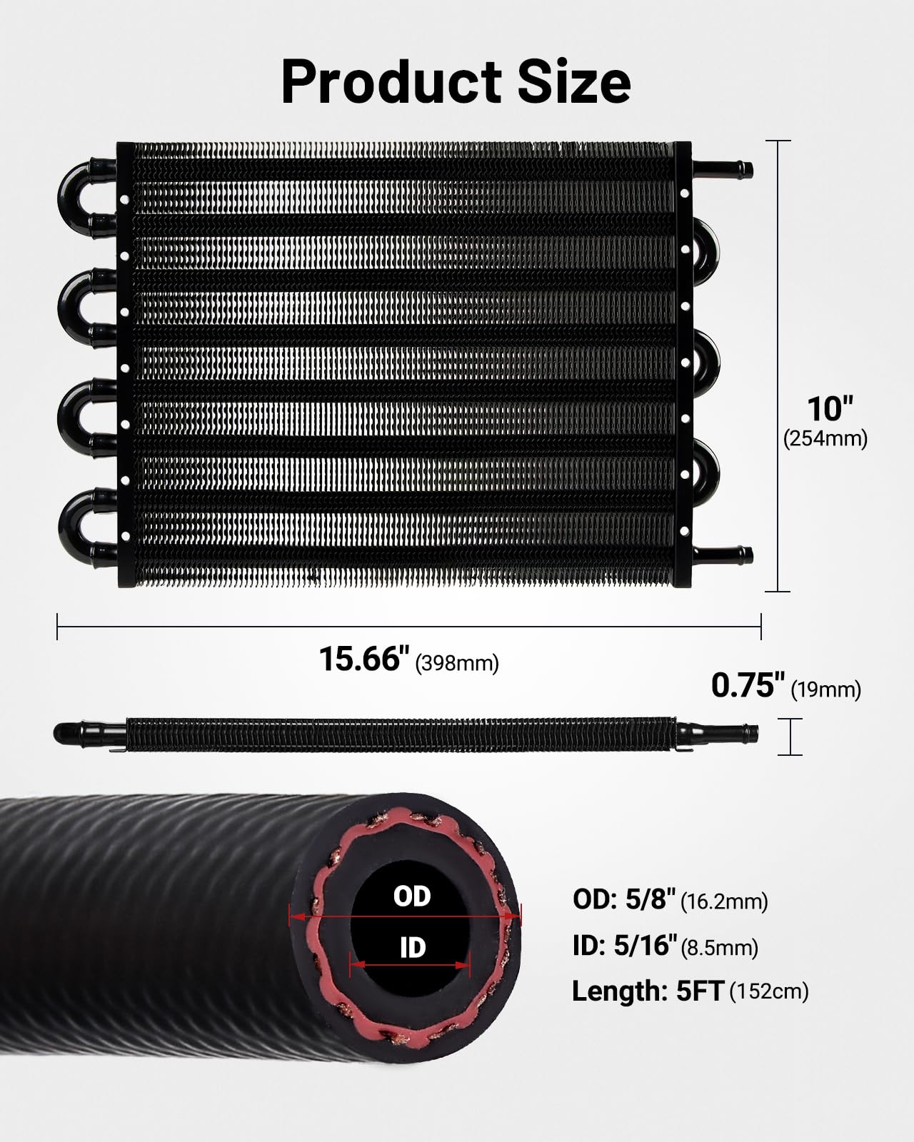 Evil Energy 5/16'' Transmission Oil Cooler, 8 Pass Tube And Fin Cooler Kit Universal Aluminium Black