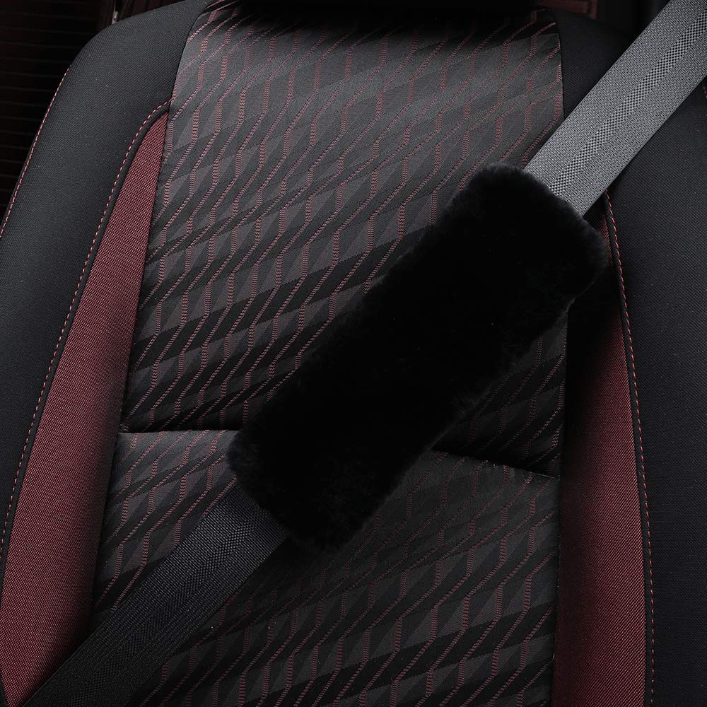 Ogland Genuine Sheepskin Soft Fuzzy Car Seat Belt Cover Pad, Comfy Fluffy Seatbelt Covers For Shoulder Pad Neck Cushion Protector Car Accessories Woman Man Girl(1Pcs/Black)
