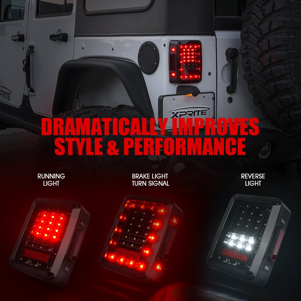 Xprite Clear Lens Red Led Tail Light W/Turn Signal & Back Up & Smoke 3Rd Led Brake Light Assembly Compatible With Jeep Wrangler
