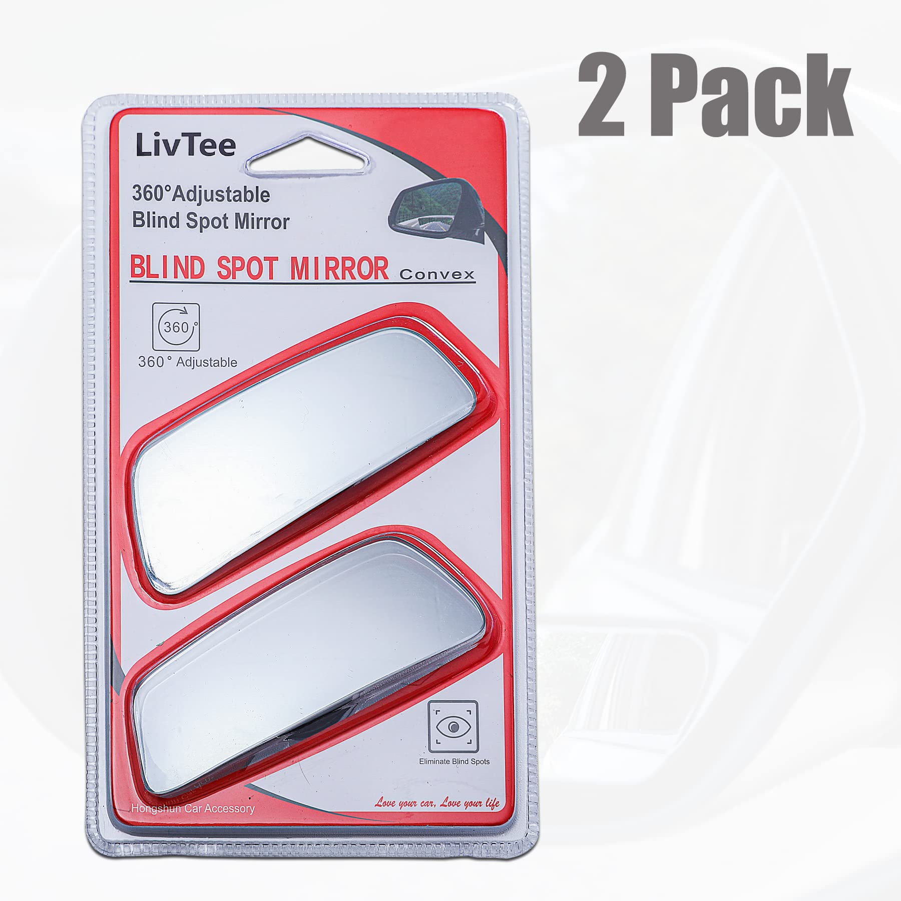 Livtee Blind Spot Mirror, Rectangular Shaped Hd Glass Frameless Convex Rear View Mirror With Wide Angle Adjustable Stick For Car