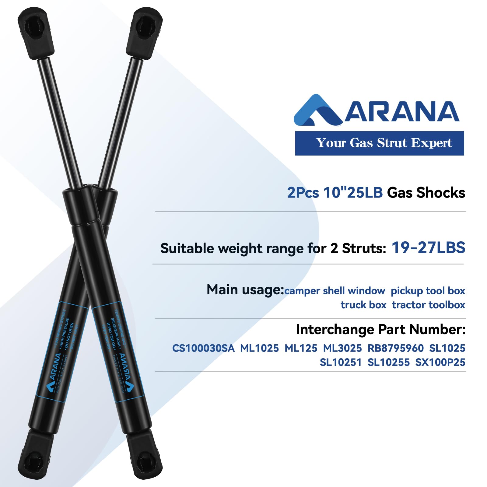 ARANA 10 '' Gas Shocks Struts Springs 25 Lb/112 N Lift Support Props C16-09322 for Truck Tool Box Lid Leer Pickup Weatherguard T