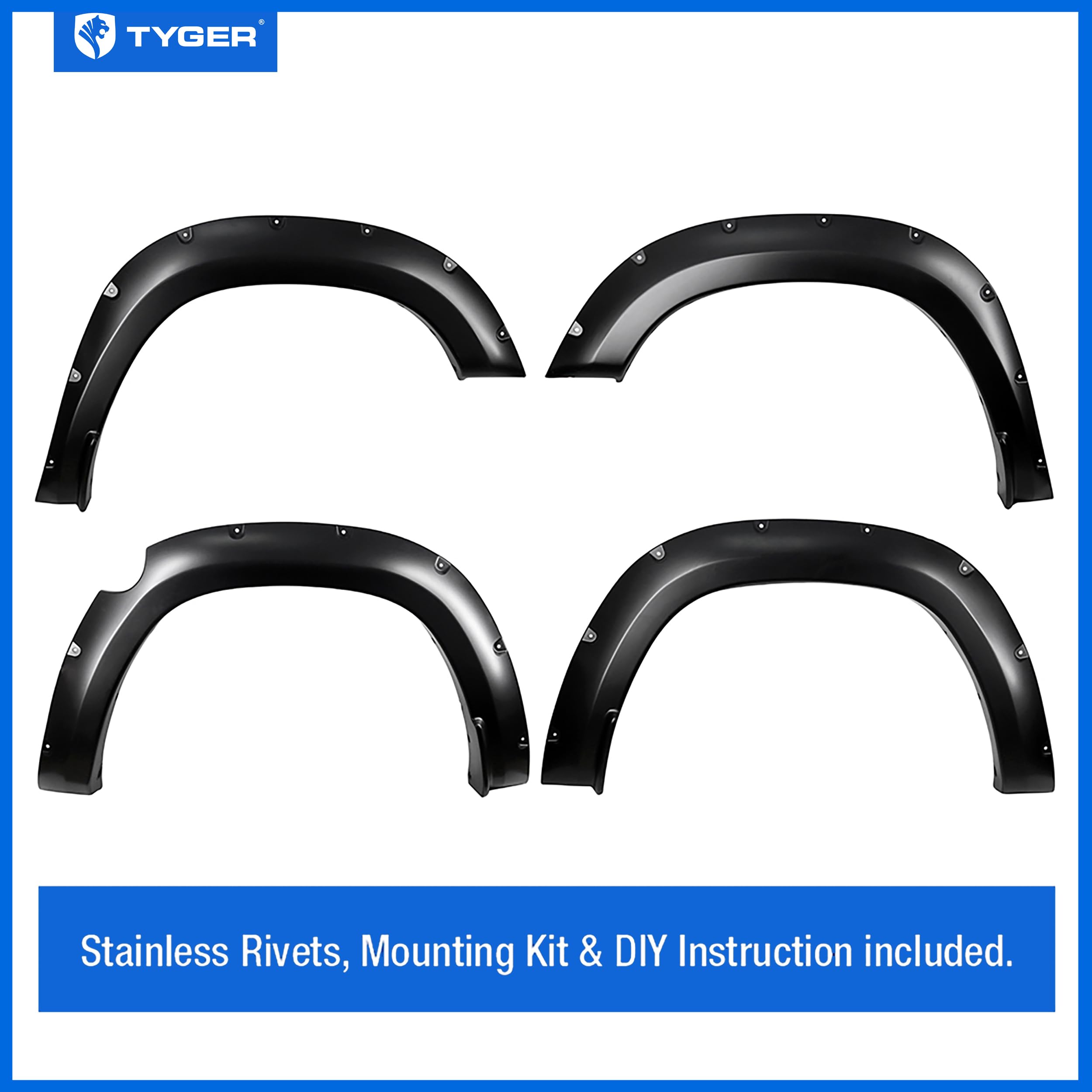 Tyger Auto Fender Flares for 2019-2024 Ram 1500, Smooth Textured, Black, Model TG-FF8D4478, 4-Piece Bolt-Riveted