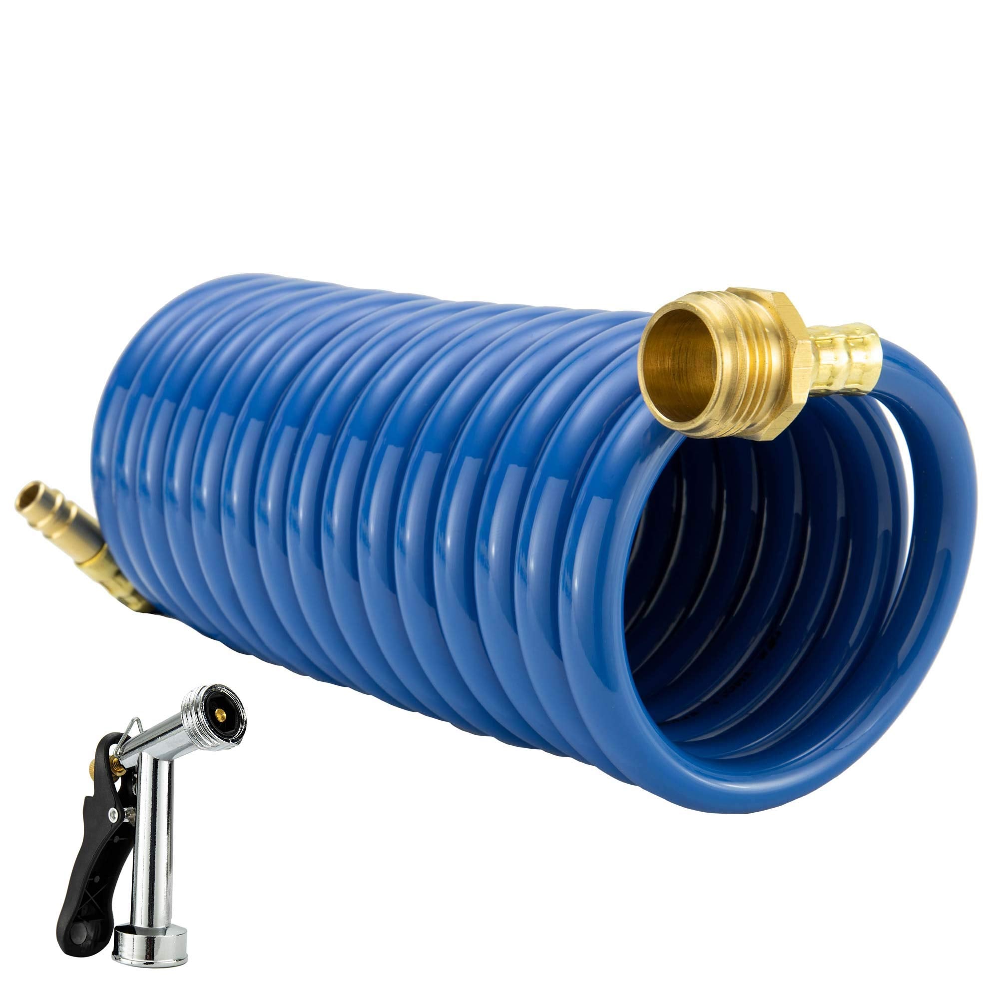 Recpro Rv Blue Exterior Shower Hose | 15' Coiled Hose | Optional Flexible Quick Connect Sprayer | Uv Resistant (With Sprayer)