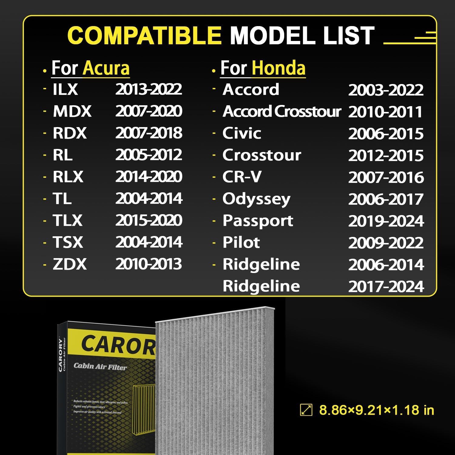 CARORY Cabin Air Filter w/Activated Carbon for Honda Accord 2003-2022, Civic 2006-2015, CR-V 2007-2016, Odyssey 2006-2017, Pilot