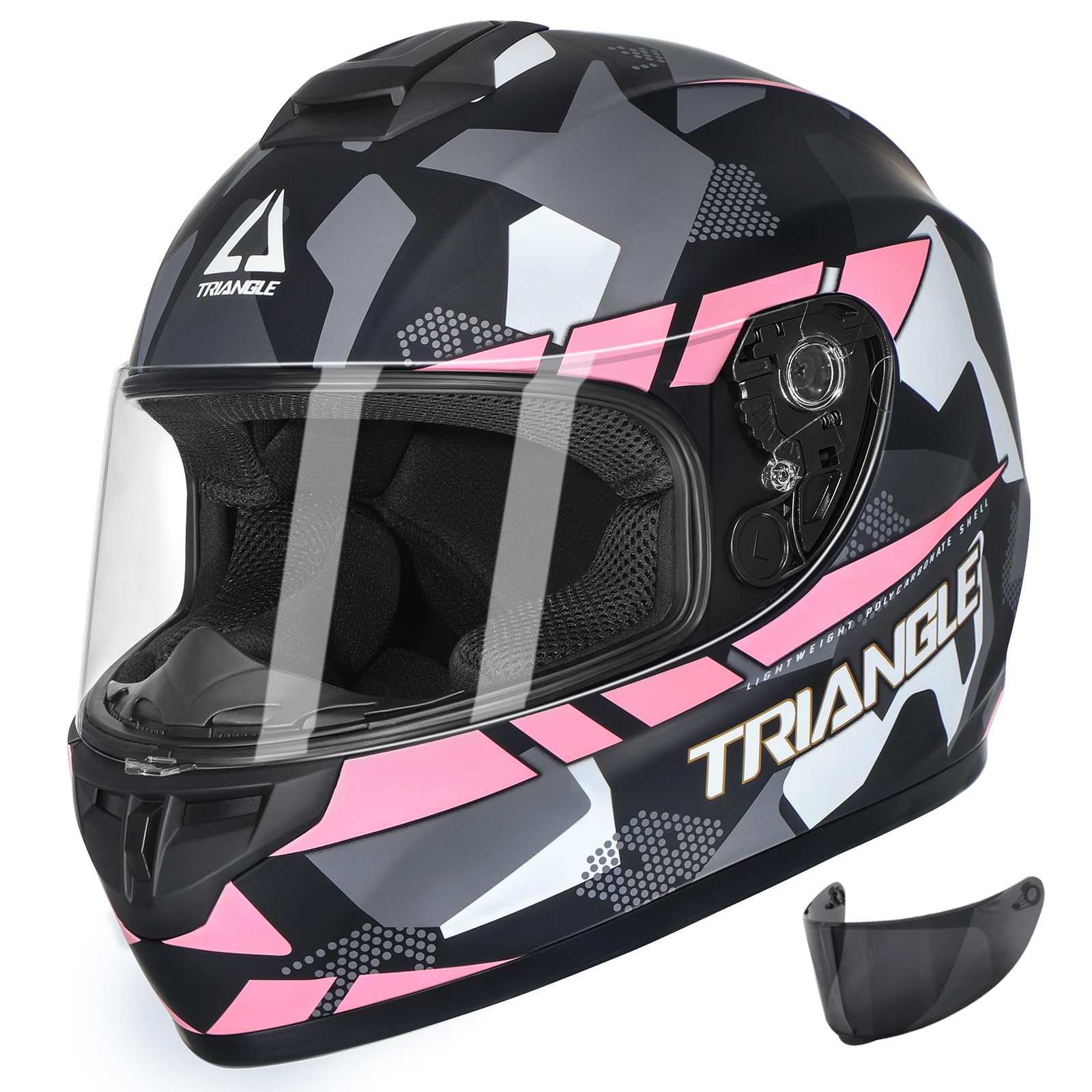 Triangle Motorcycle Helmets Full Face Helmet For Adult Men Women With Tinted And Clear Visor Dot Approved (Pink, Large)