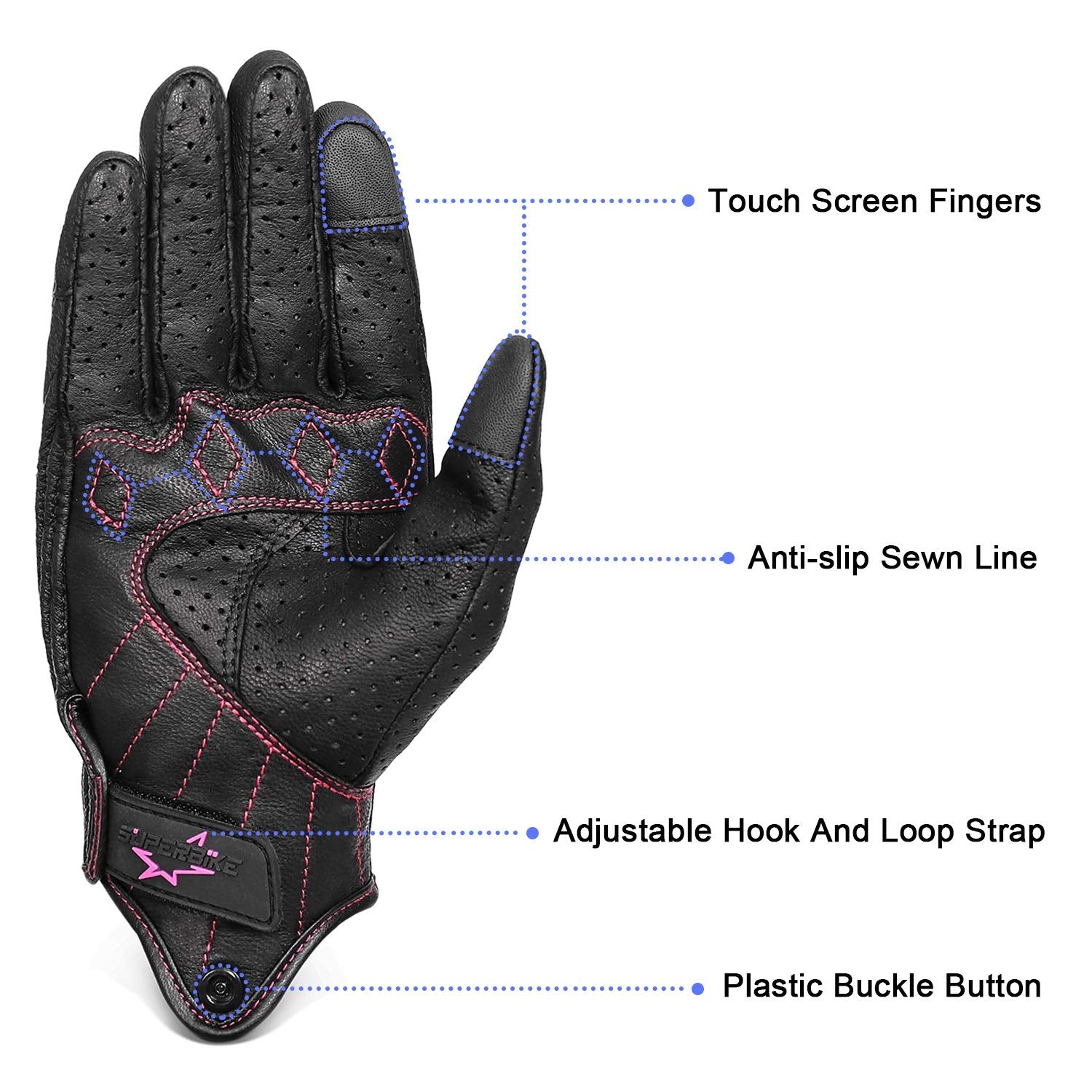 Women ’S Touchscreen Motorcycle Gloves Full Finger Black Leather Armored Ladies Motorbike Gloves (G01W-Black Leather With Rose Line, M)
