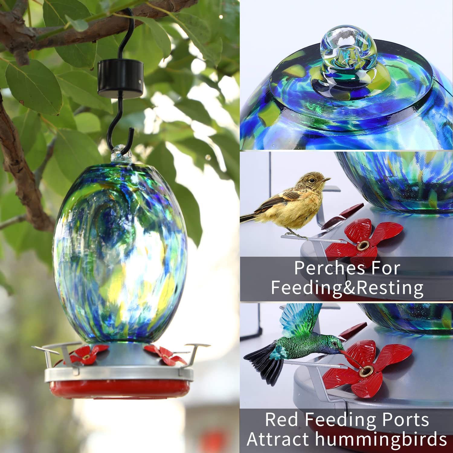 Jalamwang Hummingbird Feeder For Outdoors Hanging, 25 Ounces, Hand Blown Glass, Leak Proof Rustproof, Containing Ant Moat, For A