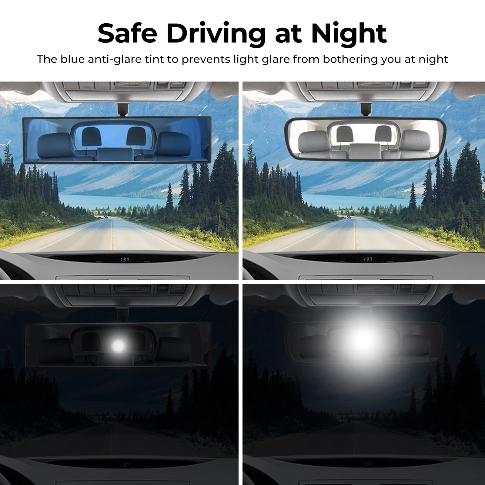 Joytutus Rear View Mirror, Universal 11.81 Inch Panoramic Convex Rearview Mirror, Interior Clip-On Wide Angle Rear View Mirror T