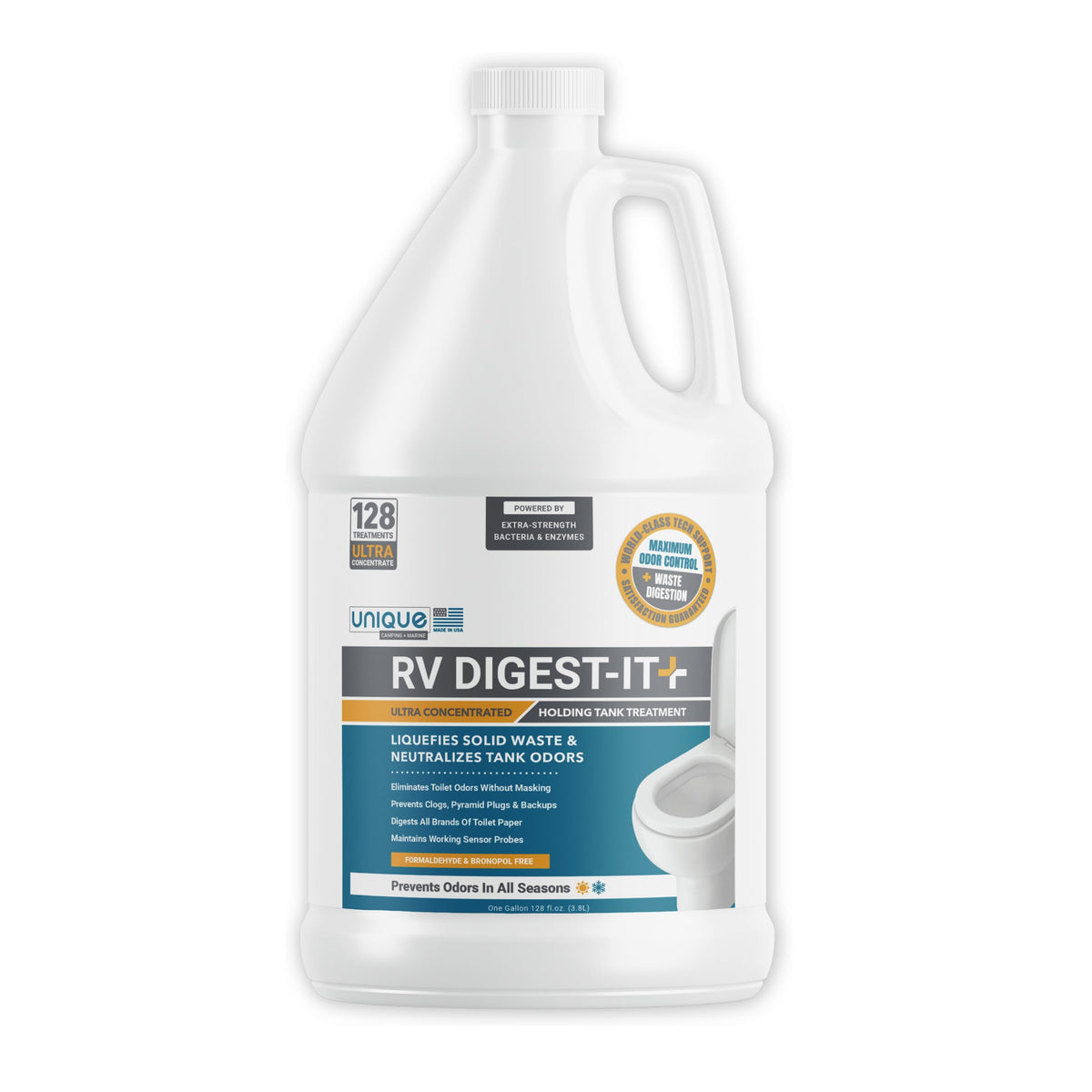 Unique Rv Digest-It+ Extra-Strength Ultra-Concentrate Gallon Refill - 128 Rv Toilet Treatments - Eliminates Smells And Liquifies
