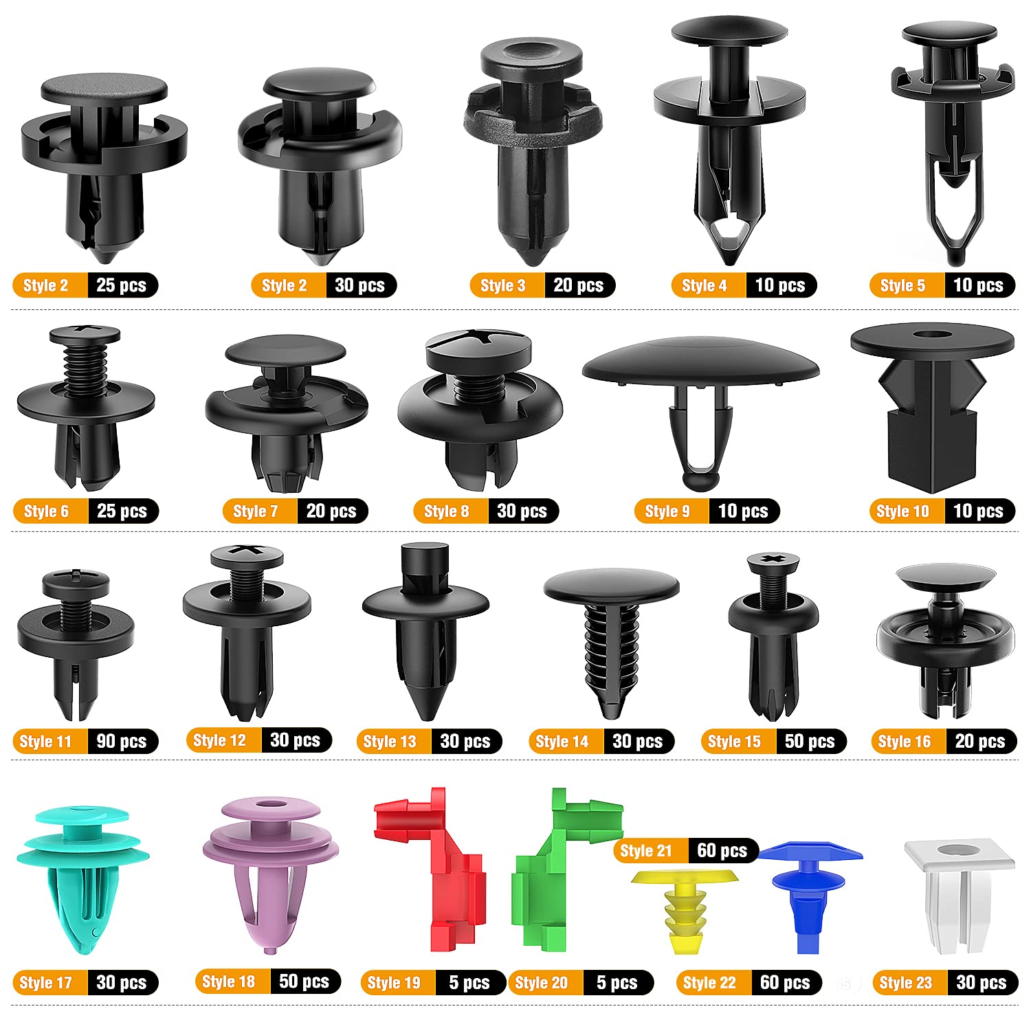 GOOACC 725Pcs Car Push Retainer Clips & Auto Fasteners Assortment -23 Most Popular Sizes Nylon Bumper Fender Rivets with 10 Cabl