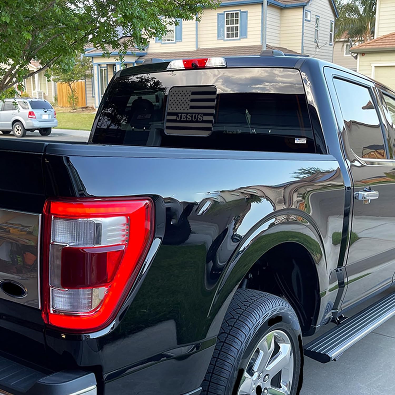 Xinghe For Ford F150 F250 F350 2015-2023, Rear Middle Window Jesus American Flag Decals, Matte Black Usa Flag Decal For Truck Ba