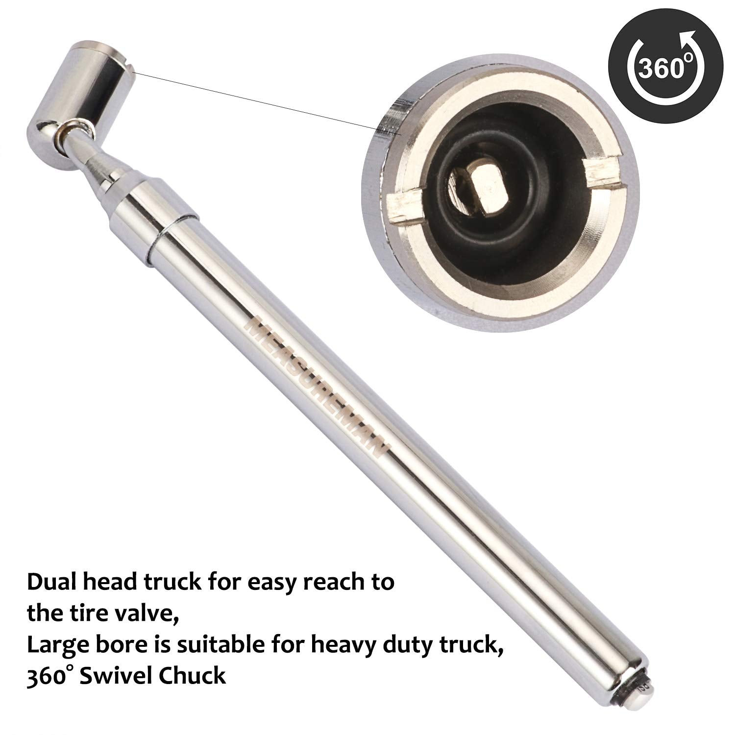 Measureman Heavy Duty Large Bore Dual Head Truck Tire Gauge, 360 Swivel Chuck, Solid Brass Body, Aluminum Slide,Range 10-150psi