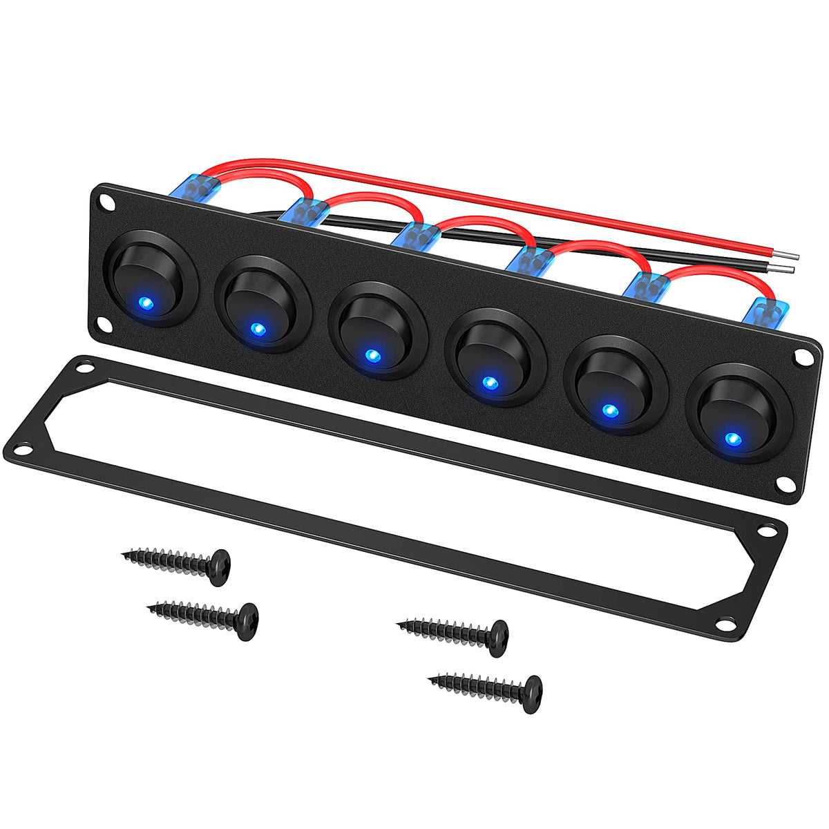 Rvboatpat 6 Gang Rocker Switch Panel 12V Round Toggle Switch Panel 3 Pin Blue Led Lighted 12 Volt Dc 20A Spst On-Off Switch For 
