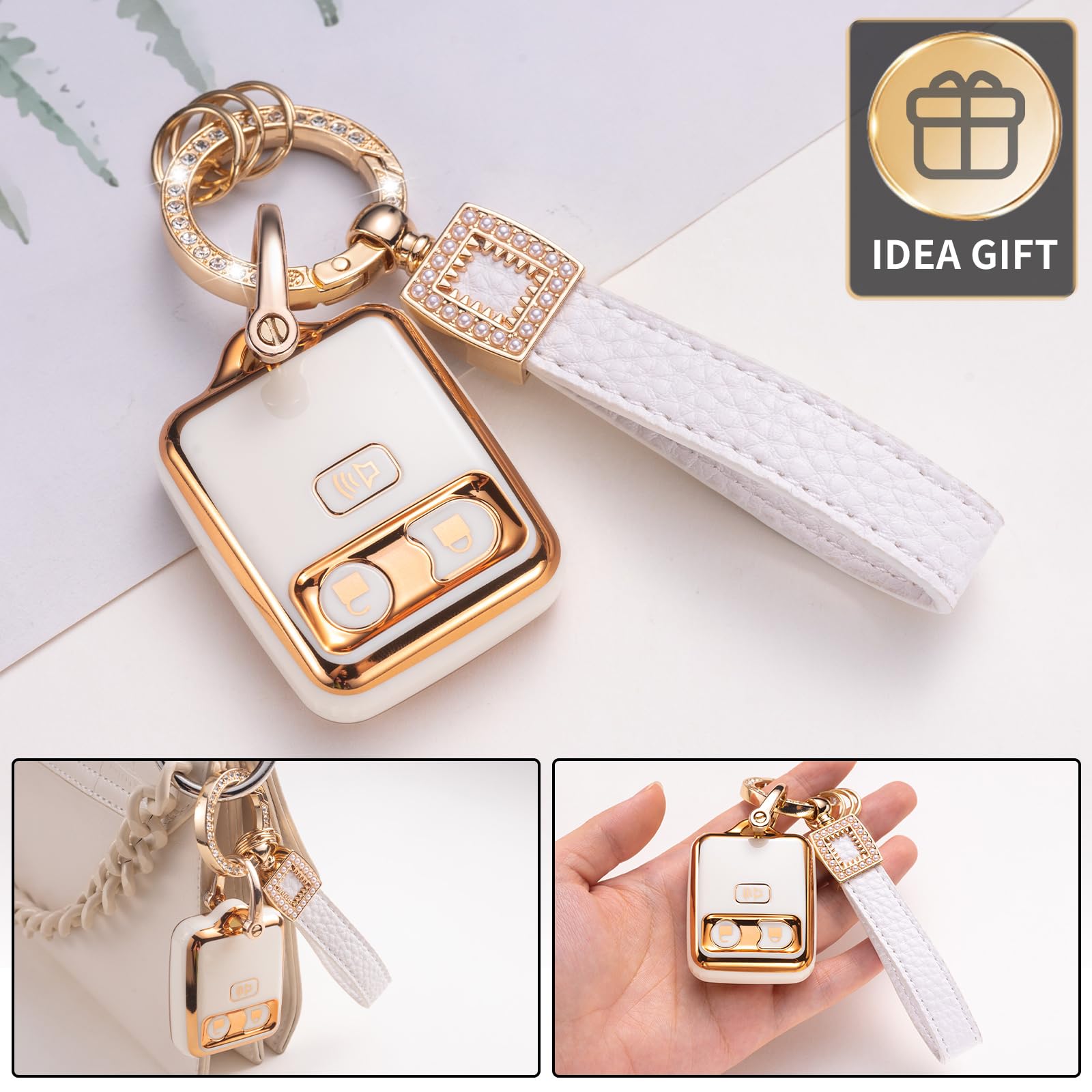 Cacarlike Ford Key Fob Cover With Ford Keychain, 1998-2010 F150 F250 F350 F450 F550 Smart Key Protector, White+Gold