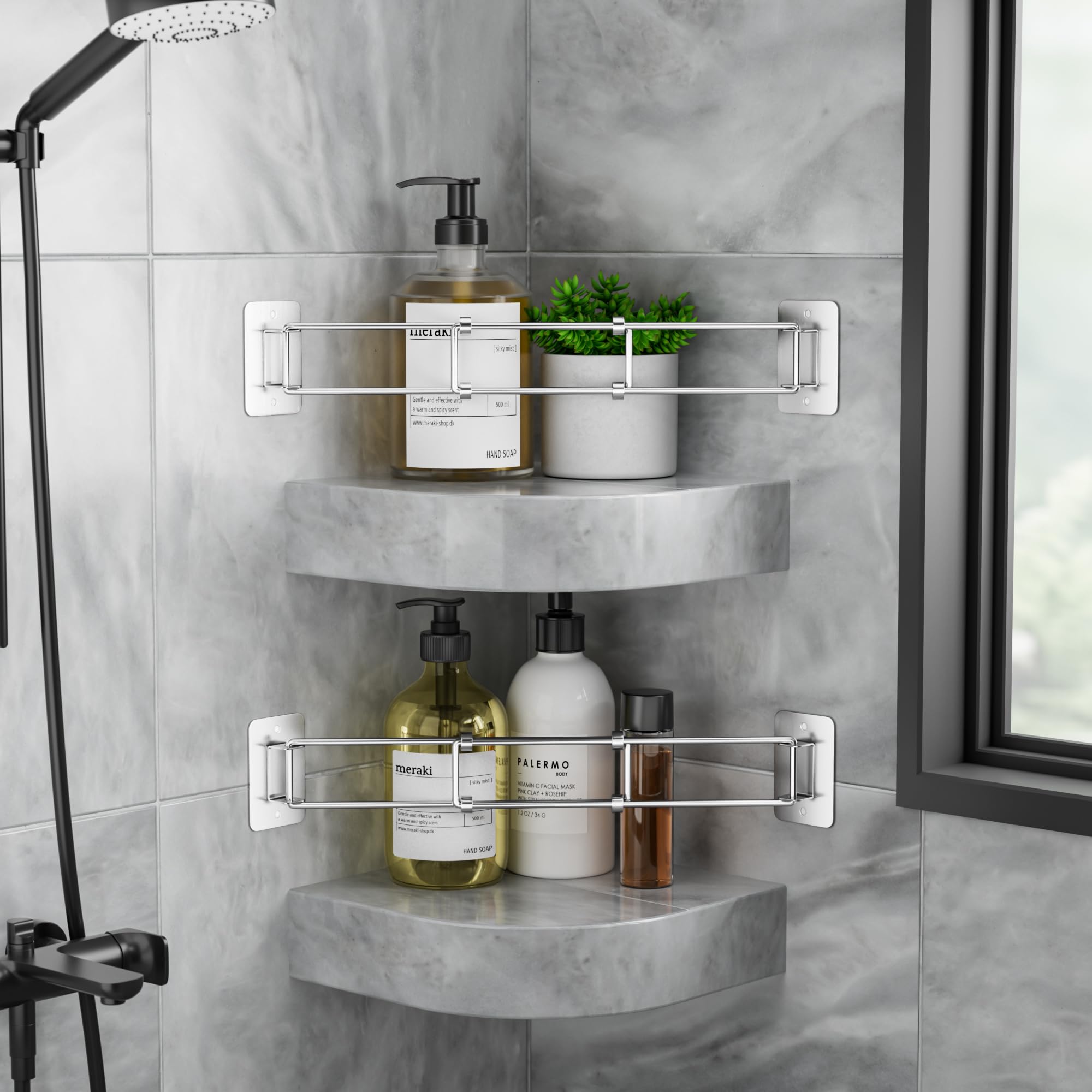 songsoso RV Corner Rod, Showers Bathtubs Camper Shelf Storage Bar, 2 Pcs 7-13 Inches Adjustable RV Bathroom Organizer - Stainles