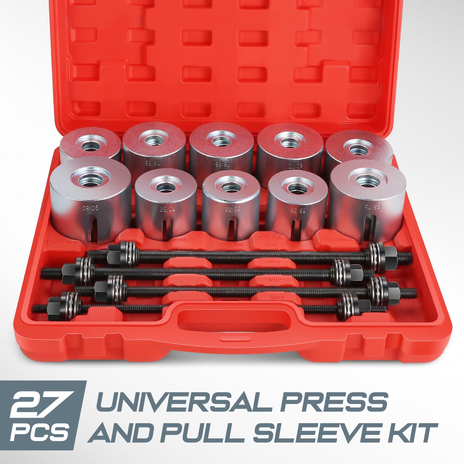 DNA MOTORING 27pcs Universal Press and Pull Sleeve Kit, Wheel Bearing/Suspension Bushing Removal Tool Set w/ 22 Adapters (34-80m