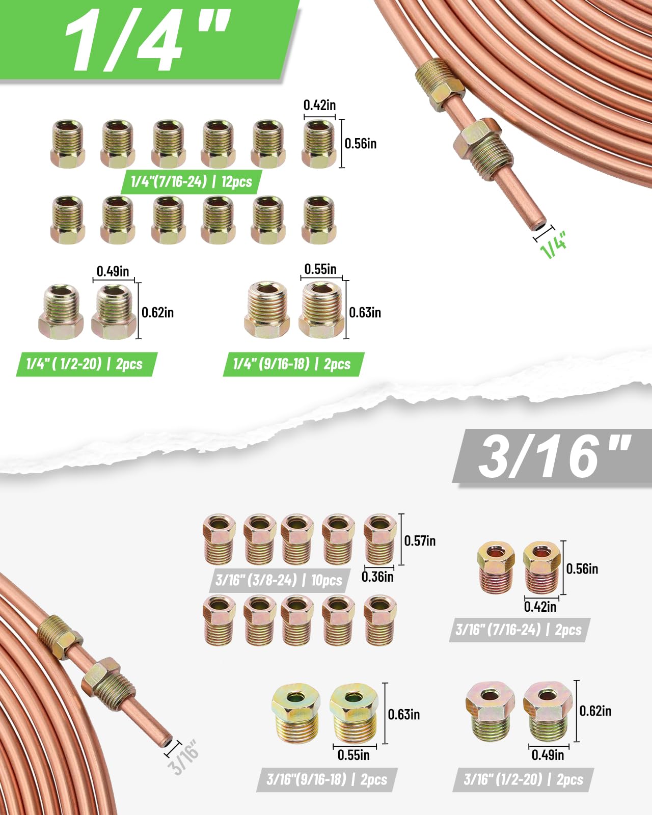Racewill 25 ft 1/4'' Copper Coated Brake Line Kit (Includes 16 Fittings and 4 Unions Brake Line Fittings) + Brake Line Double &