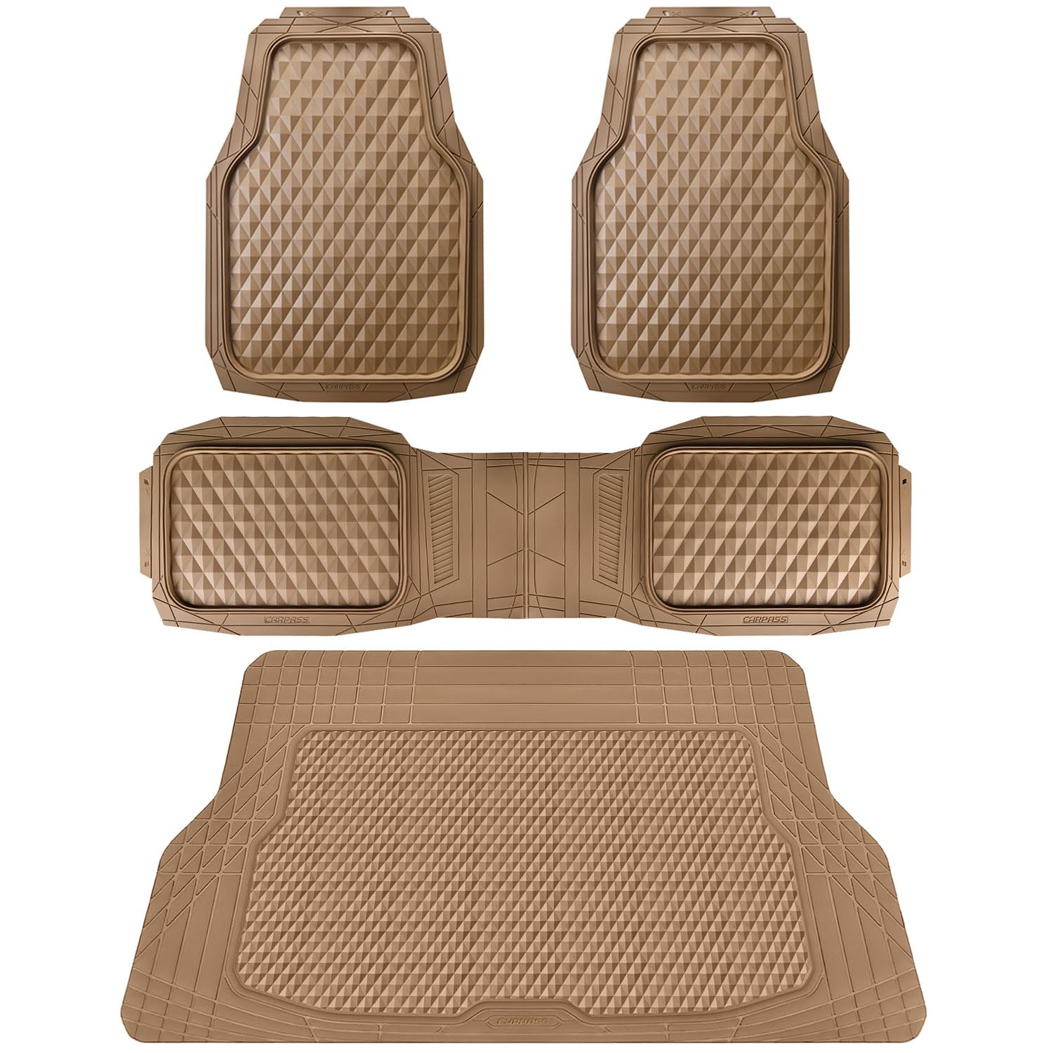 Car Pass Heavy Duty Rubber Beige Car Floor Mats & Cargo Liners, Deep Dish All-Weather Trunk Mats Durable Anti-Slip 3D Rhombus Wa