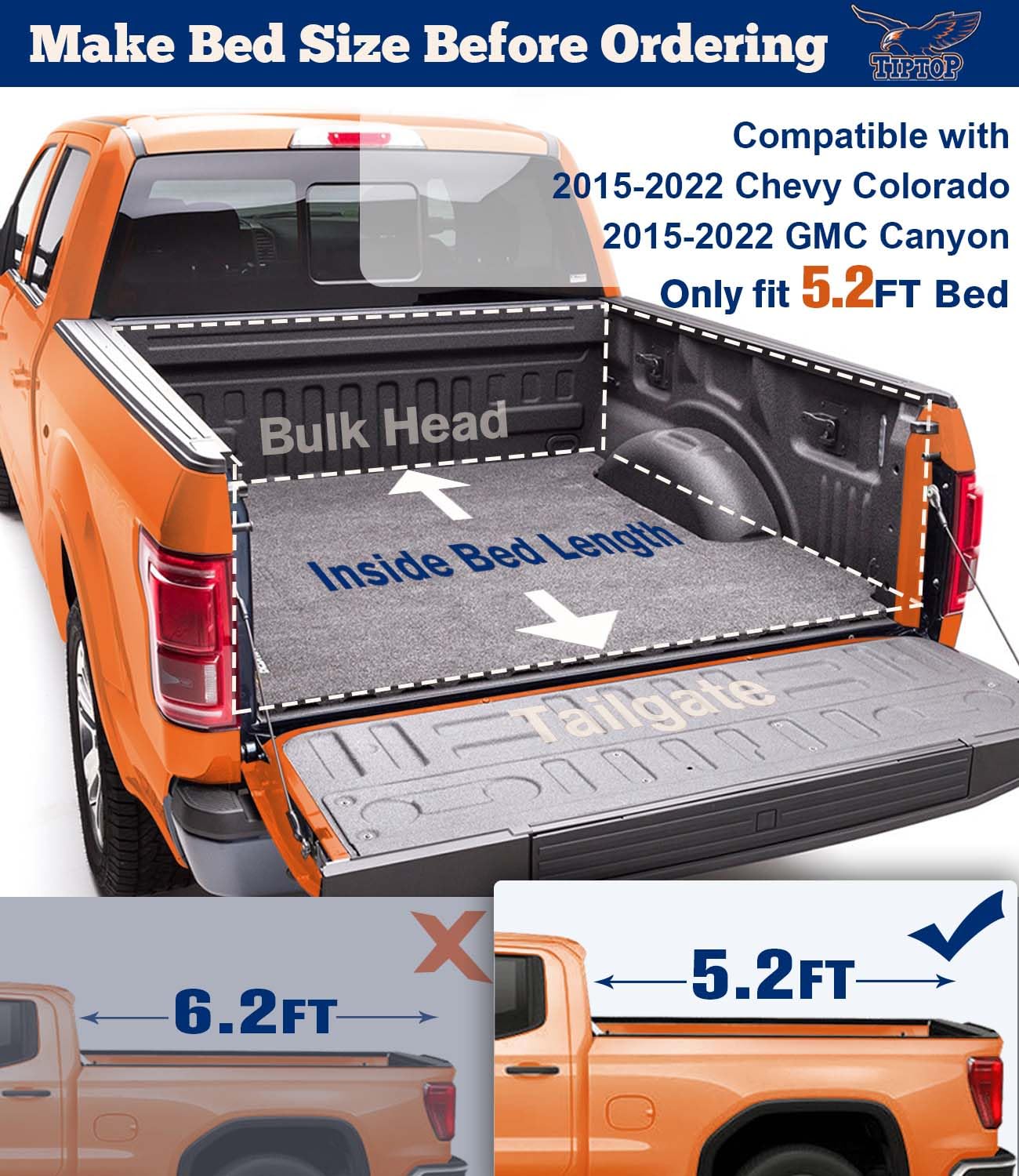 Tiptop Soft Roll-Up Tonneau Cover Truck Bed For 2015-2022 Colorado/Canyon 5.2Ft Bed (61.7'') | Tp1 |