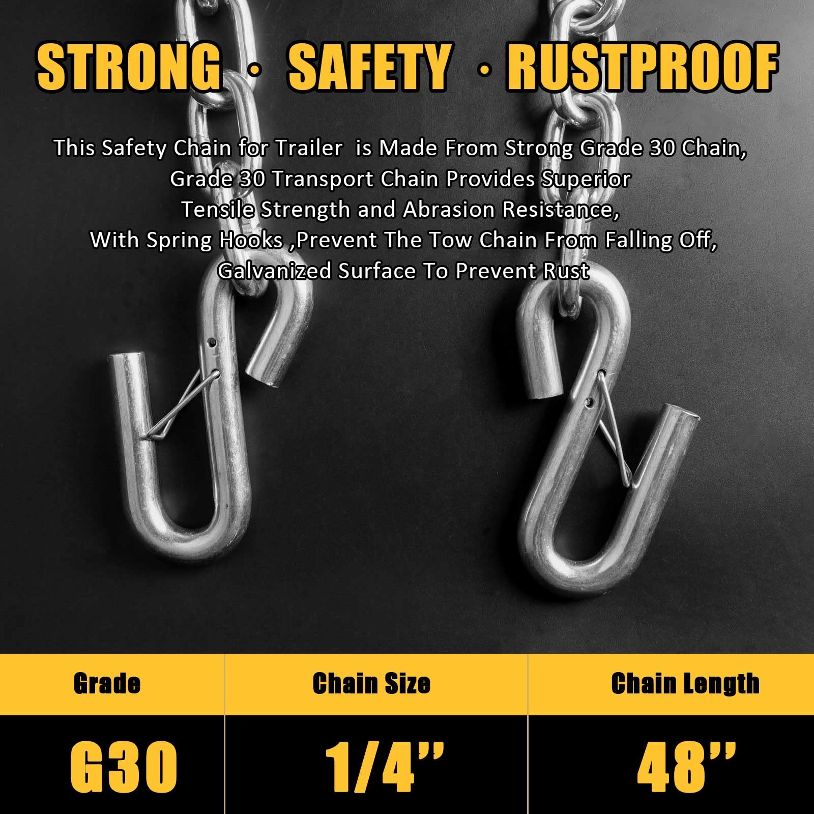 AYMMIC 1/4'' x 48'' Trailer Safety Chain with 2 Latches S Hook, 3,500Lbs Capacity, G30, Secures Tow Vehicle to Trailer, for RV,