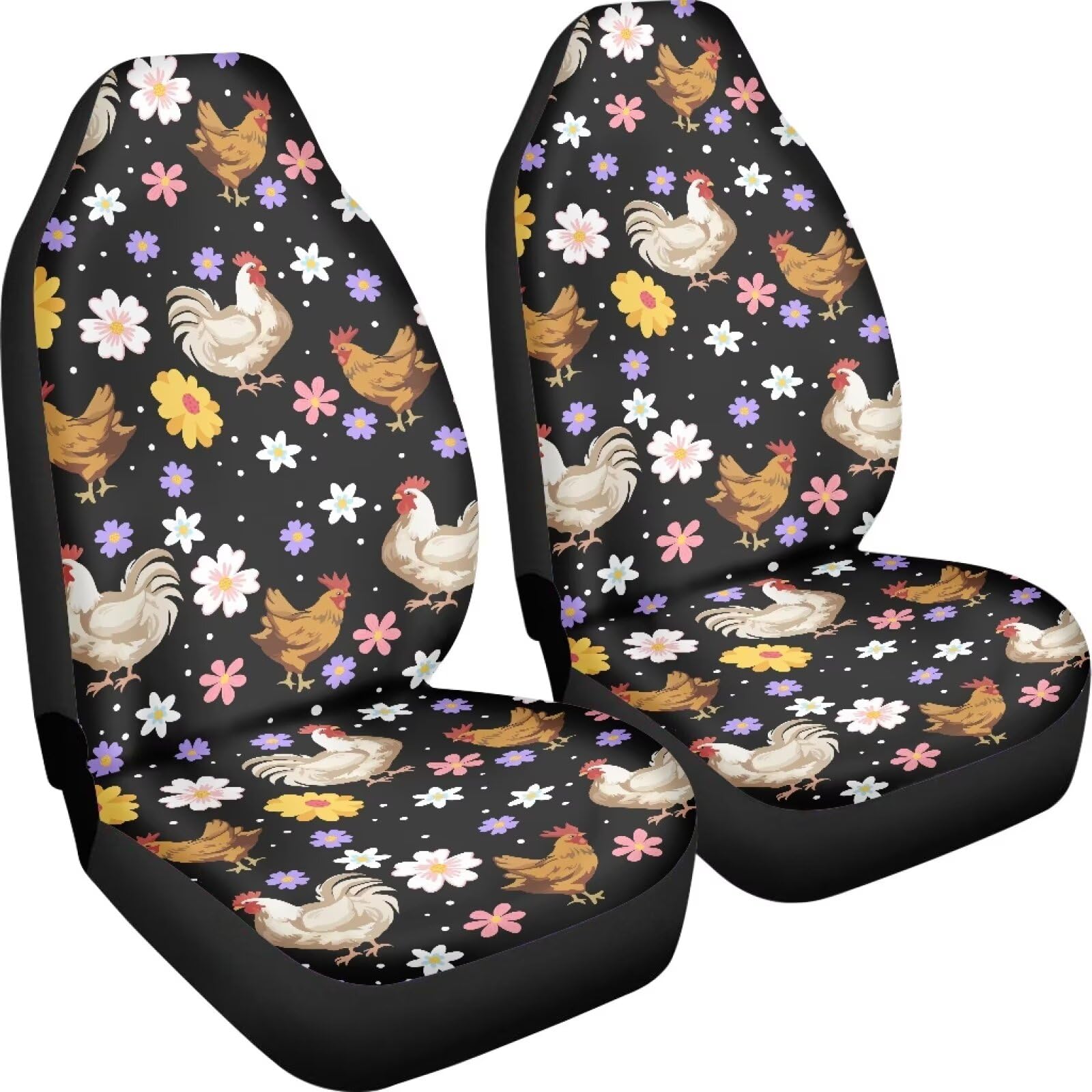 Fuibeng Groovy Flower And Chicken Seat Covers For Cars,Set Of 2 Rooster Auto Seat Covers Front Seats Only,Breathable Bucket Seat