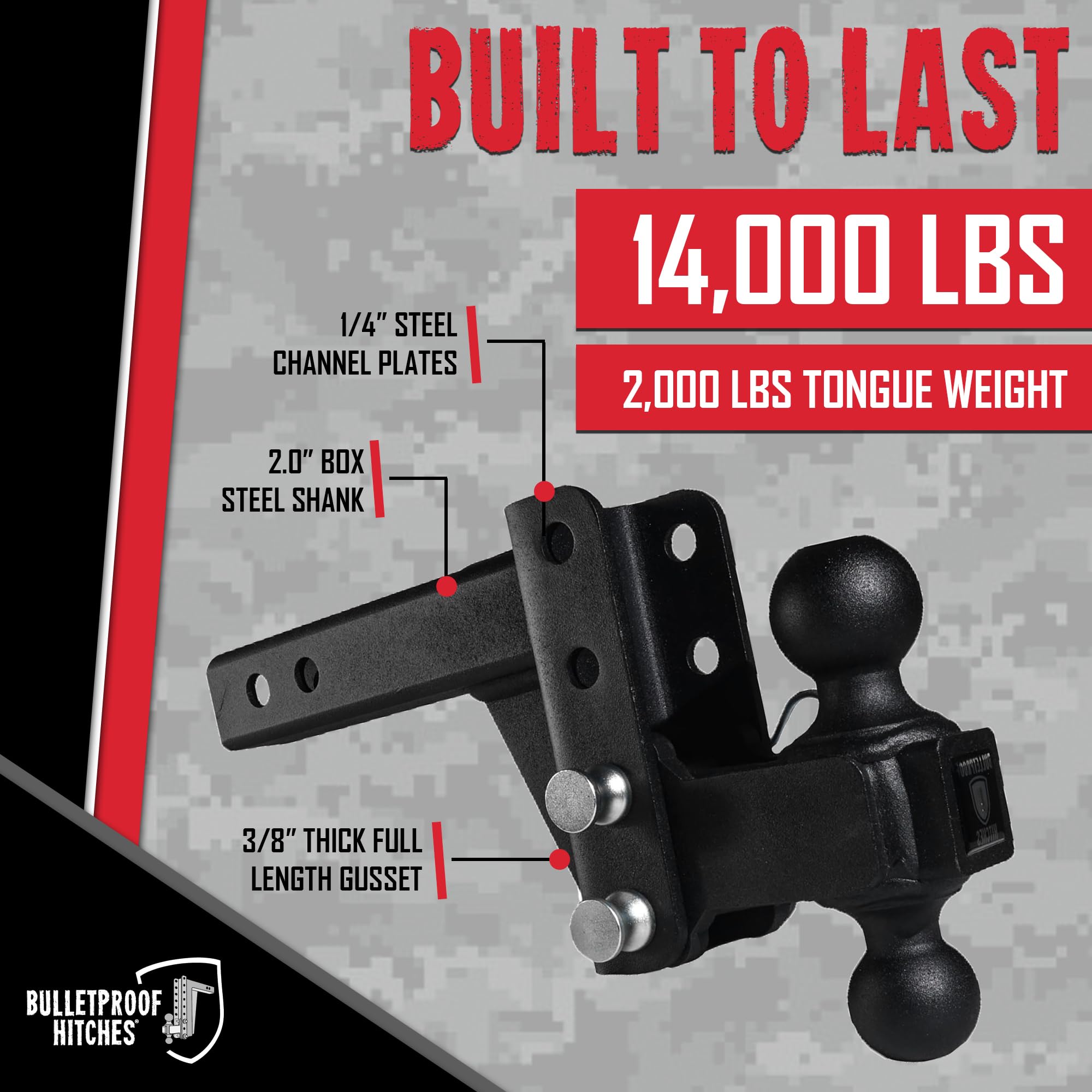 Bulletproof Hitches - 2.0'' Adjustable Medium Duty Trailer Hitch (14,000 Lb. Rating) - 2'' Drop/Rise Trailer Hitch With 2'' & 2-