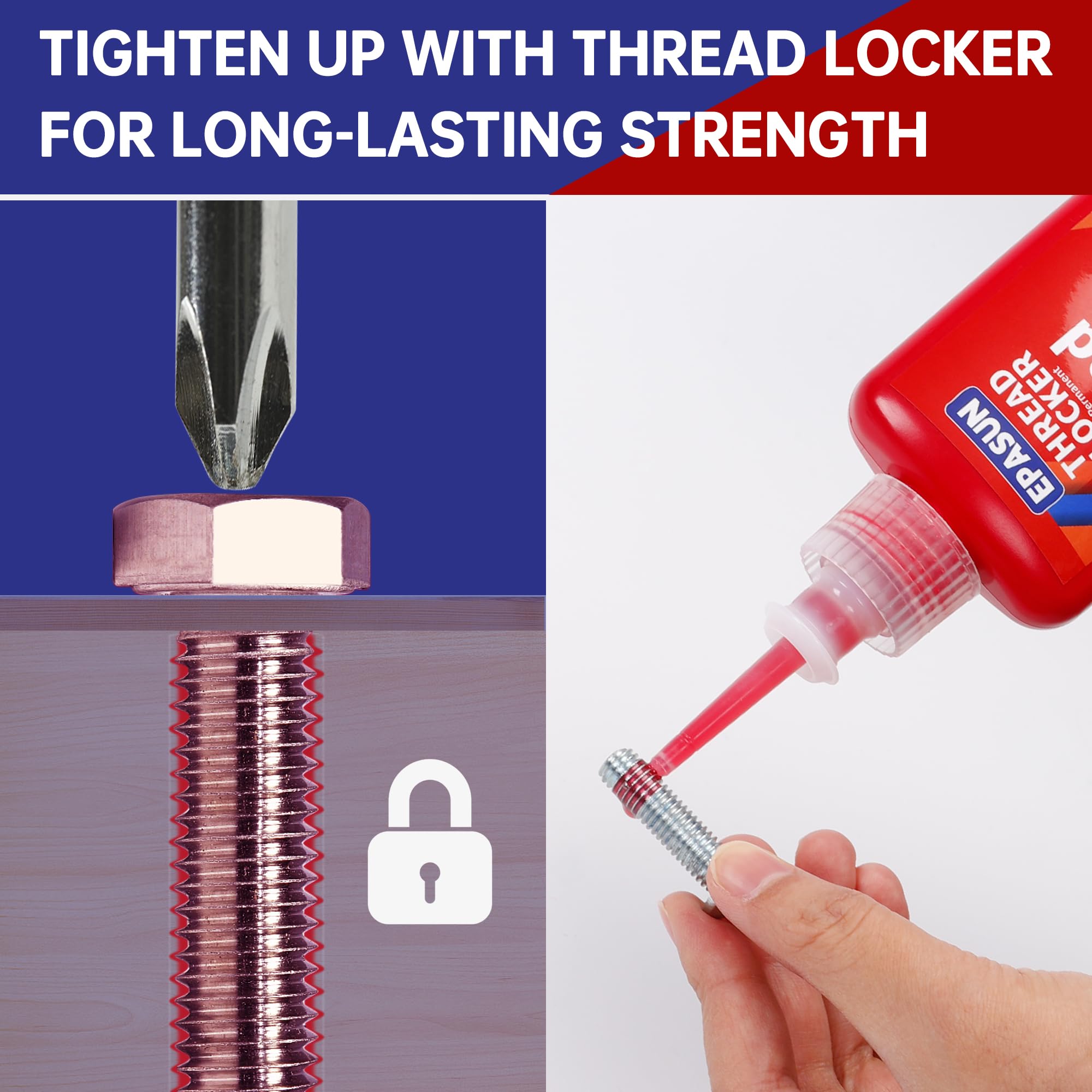 Epasun 50Ml Threadlocker Red 271, Thread Lock Strong Strength Lock Tight For Nuts, Bolts, Fasteners, And Metals To Prevent Loose