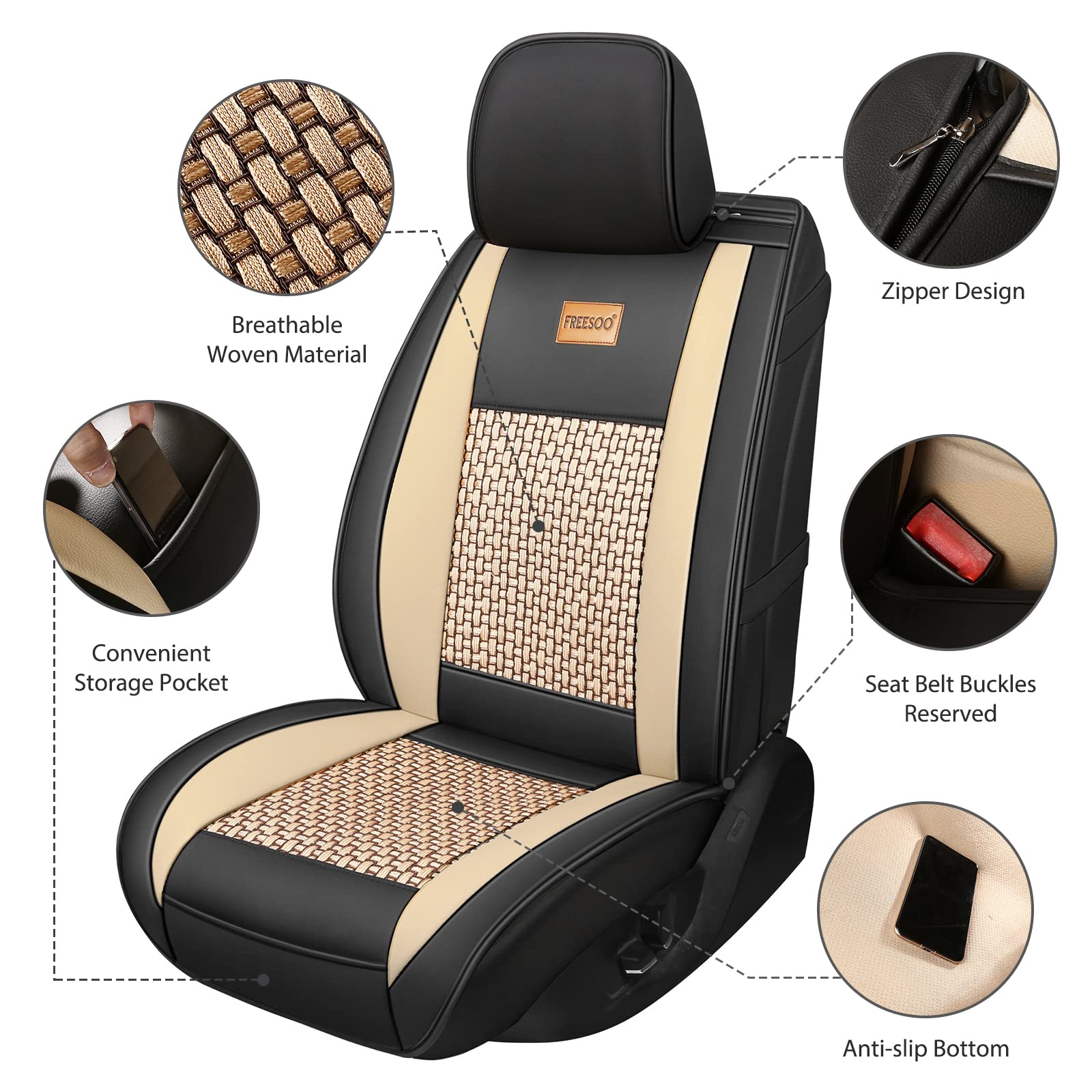 Freesoo 2Pcs Car Seat Cover Leather, Front Carseat Covers Protector Cushion Universal Fit Most Sedan Suv Truck Airbag Compatible