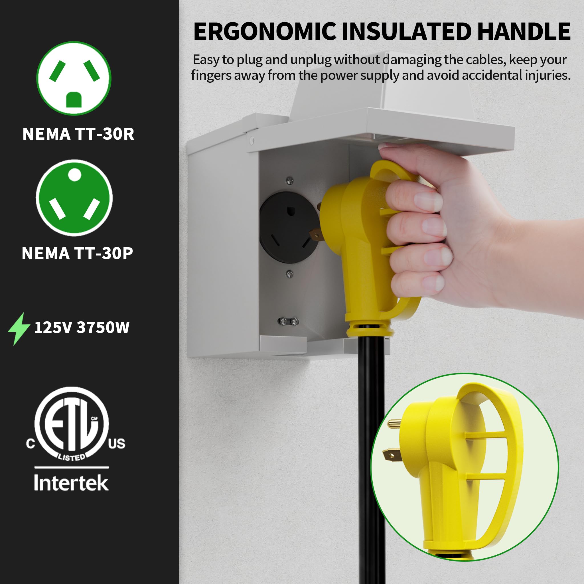 Powgrn 30 Amp Rv Extension Cord 25 Ft Outdoor With Grip Handle, Flexible Heavy Duty 10/3 Gauge Stw 3 Prong Rv Power Cord Waterpr