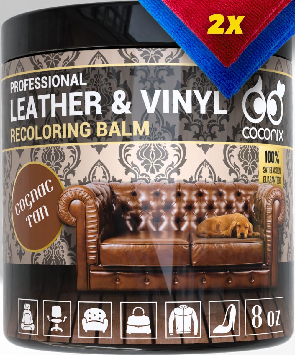 Coconix Leather & Vinyl Recoloring Balm - Cognac Tan | Restore Faded, Worn, And Peeling Leather And Vinyl On Sofas, Chairs, And