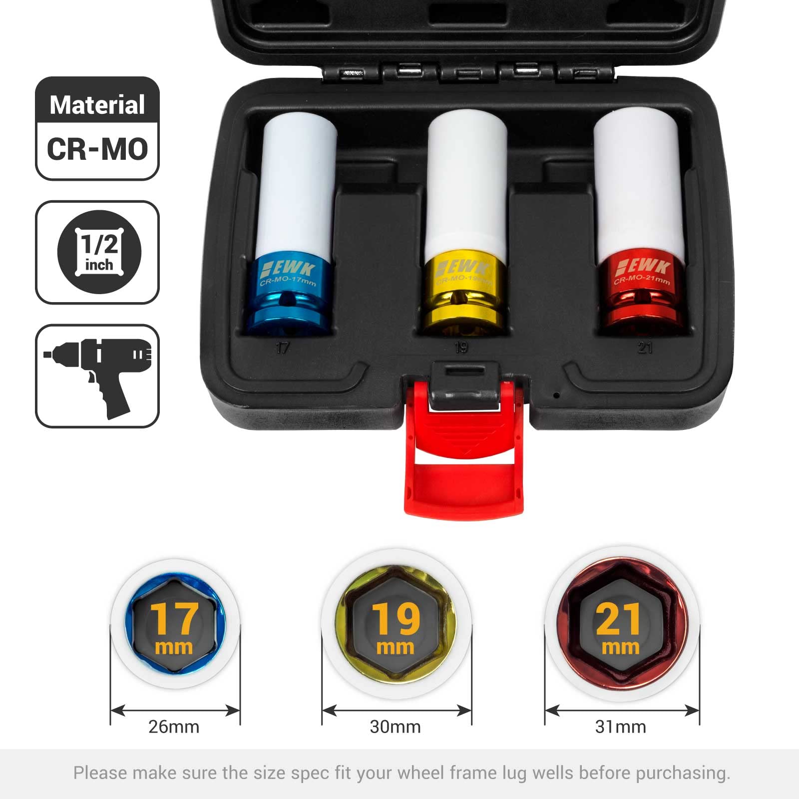 Ewk 3 Pcs 1/2'' Drive 17 19 21 Mm Lug Nut Impact Socket Set, Non-Marring Thin Wall Wheel Rim Protector Sockets, Cr-Mo, Mertic