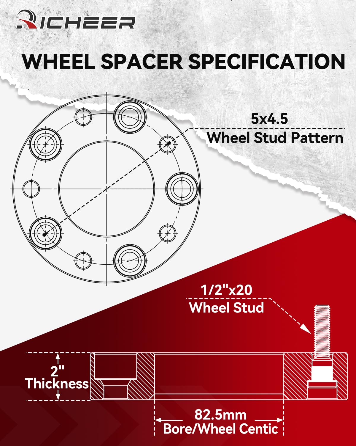 Richeer 5X4.5 Wheel Spacers Compatible With Tj Xj Yj Kj Kk Zj, 4Pcs 2 Inch 5X114.3Mm Wheel Spacer With 1/2-20 Studs & 82.5 Mm Center Bore 5 Lug Wheel Spacers For Explorer Ranger Mustang