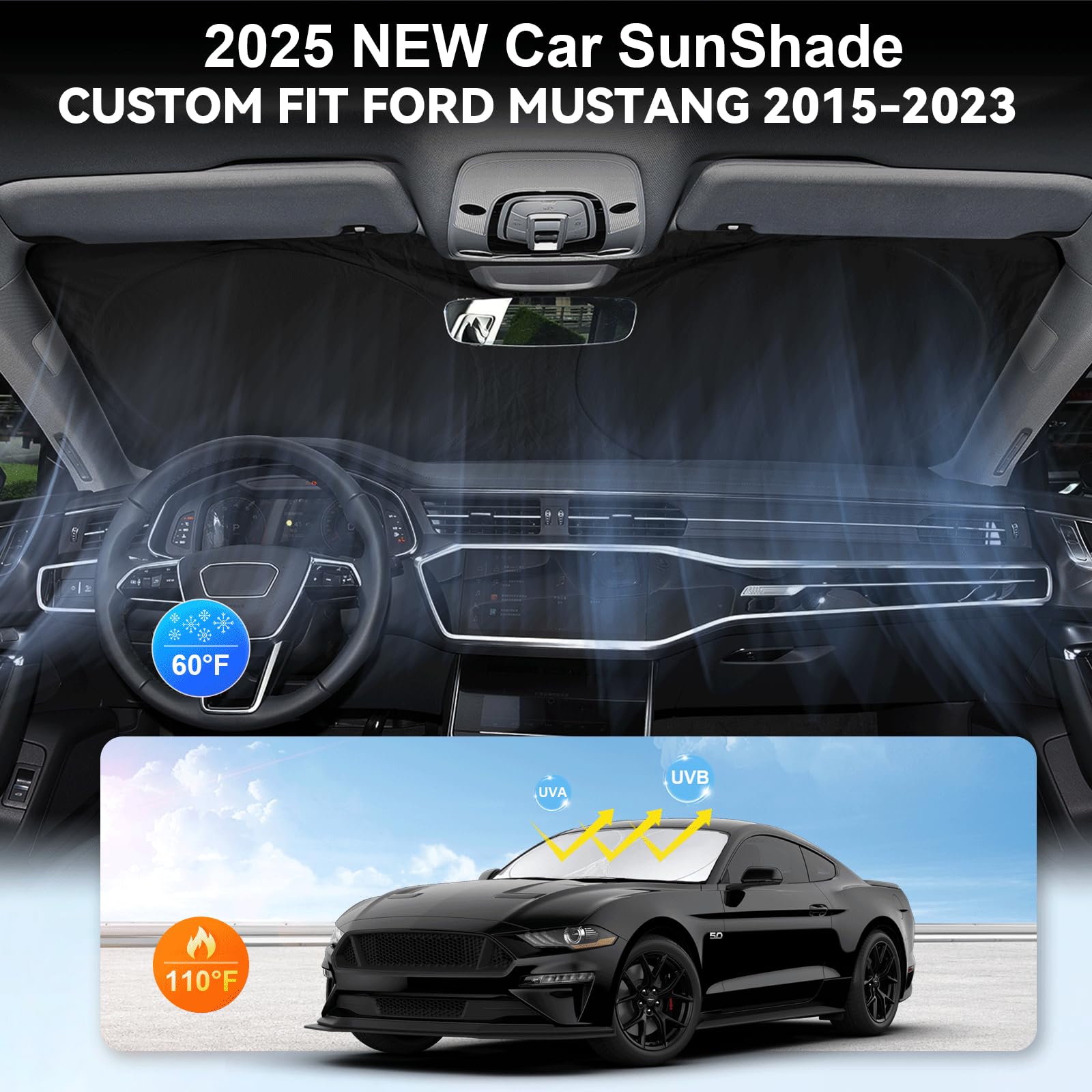 Sunshade For Mustang 2015-2024 2025 Ford Windshield Sun Shade (Not For Ford Mustang Mach-E Accessories Foldable Front Window Shi