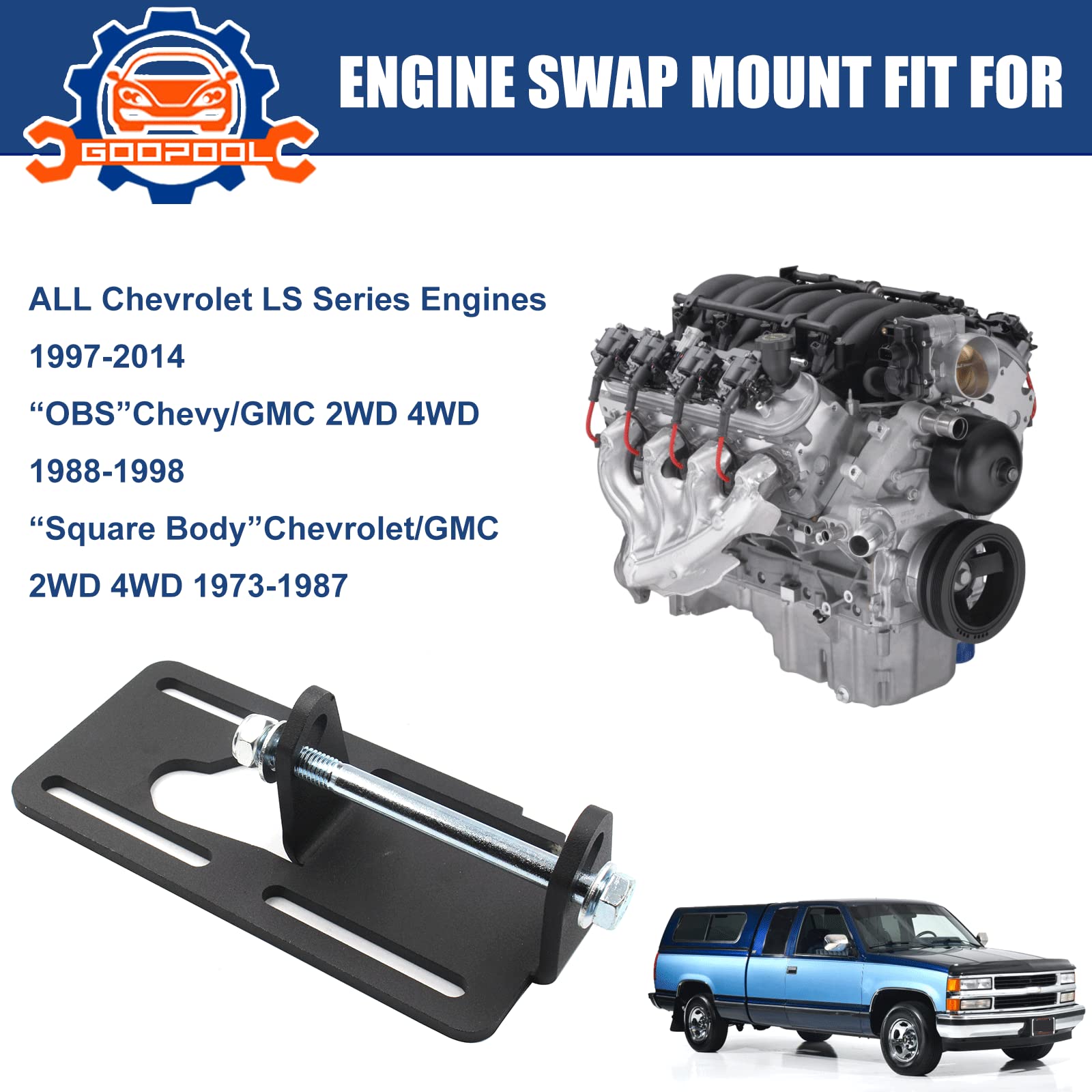 LS Conversion Engine Swap Mounts Compatible with 1973-1998 Square Body / OBS Chevy GMC Truck 2WD,4WD Adjustable Swap Motor Conve