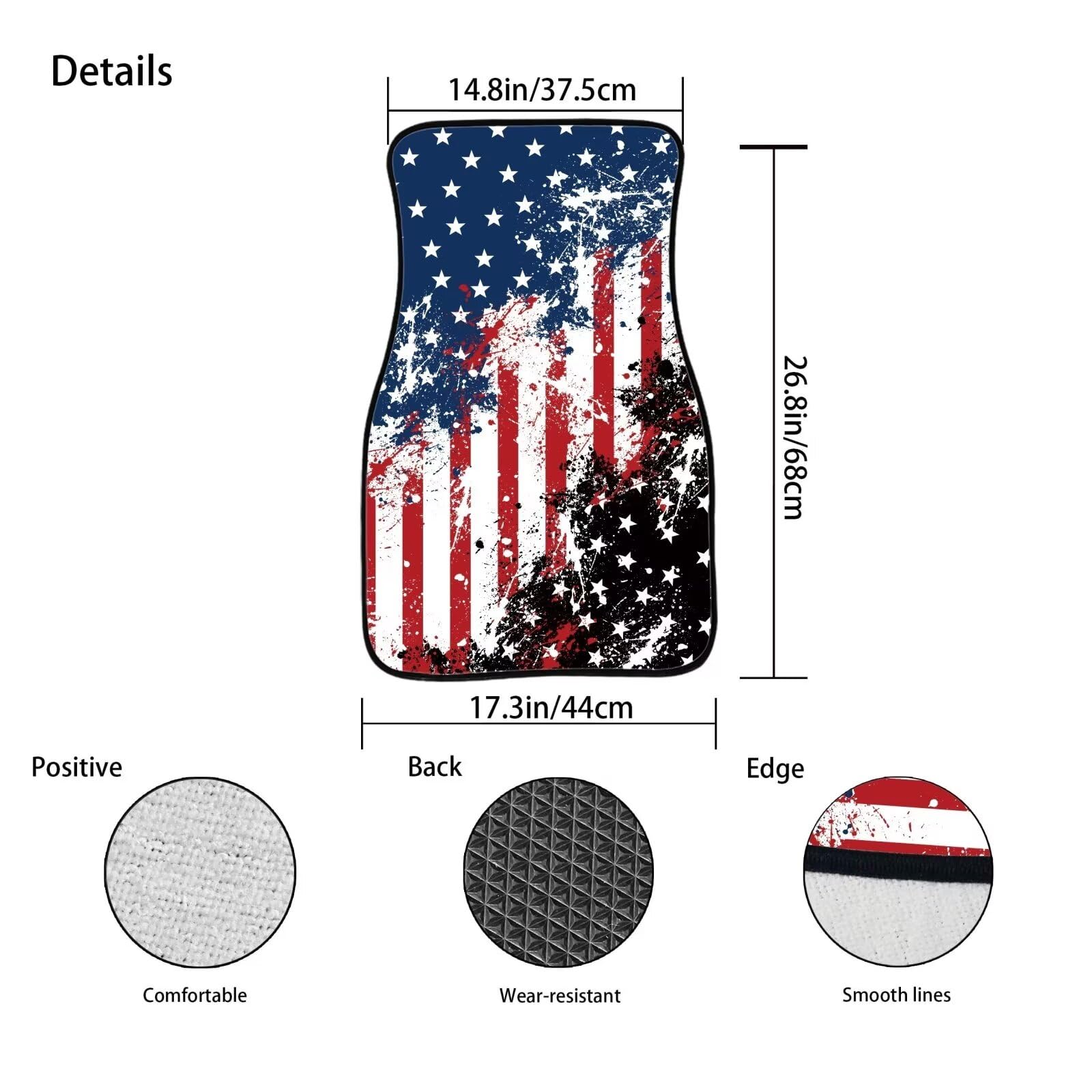ELEQIN American Flag Interior Rug Non Slip Rubber Backing Heel Pad for Protection Womens Easy Clean Front Car Doormats, Heavy Du