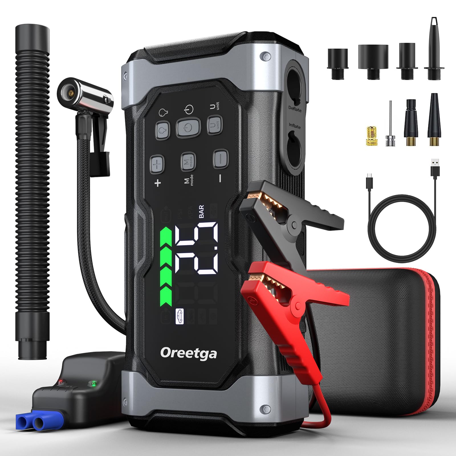 Upgraded 6000A Car Battery Jump Starter with Air Inflator/Deflator Compressor, 9 in 1 Portable Jumper Box Power Pack (All Gas/12