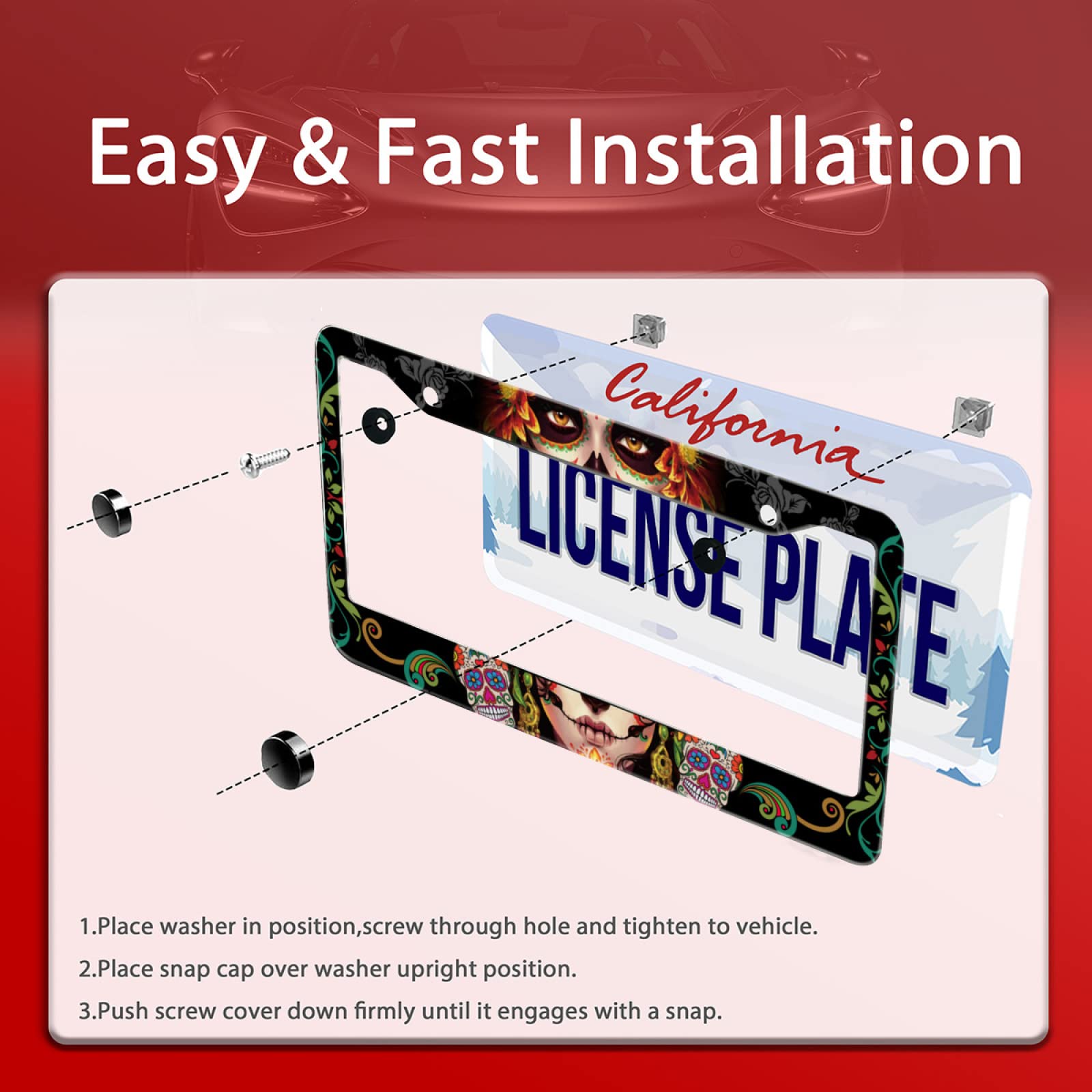 Personalise Sugar Skull Retro License Plate Frame Colorful Candy Skulls License Plate Car Universal Stainless Steel Accessories