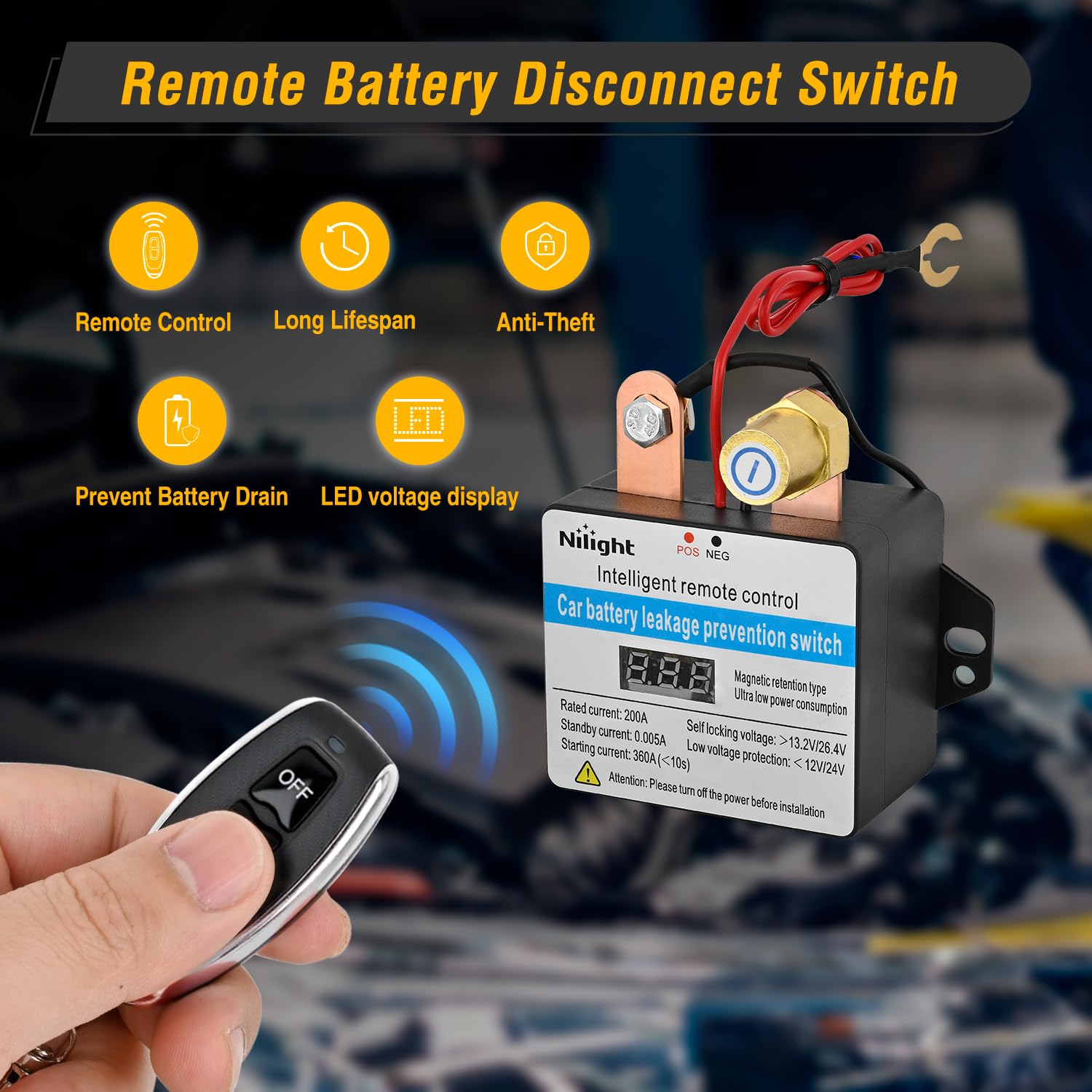 Nilight Remote Battery Disconnect Switch 12V 24V 360A Car Smart Anti-Theft Kill Switches Upgrade Prevent Power Drain with Wirele
