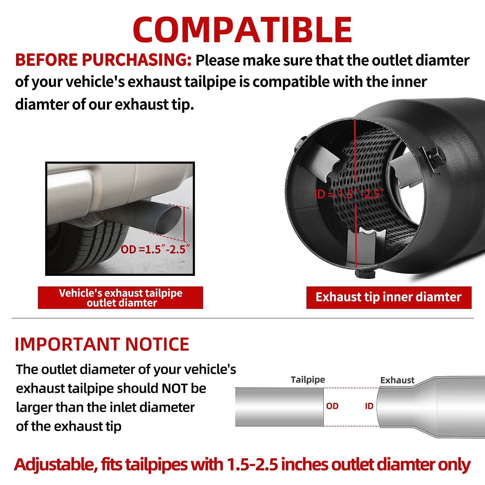 Autosaver88 1.5-2.5 Inch Exhaust Tip, 1.5'-2.5' Inlet 4' Outlet 9' Long Black Powdercoat Exhaust Tip With Clamps And Adapters Fit For 1.5'/1.75'/2.0'/2.25'/2.5' Outer Diameter Tailpipe, Bolt-On