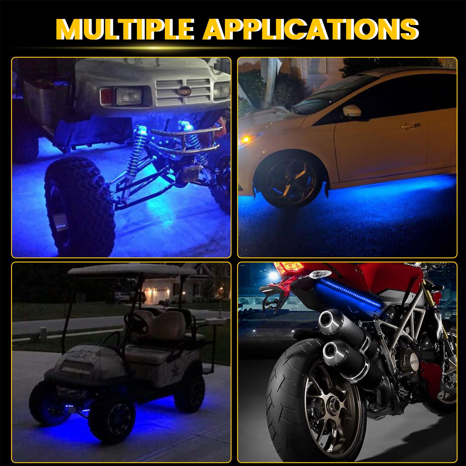 YM E-Bright Blue Golf Cart LED Under Glow Strip Lights, Waterproof IP67, 12V, Pack of 4, 5050 Chipset for Boats & Motorcycles