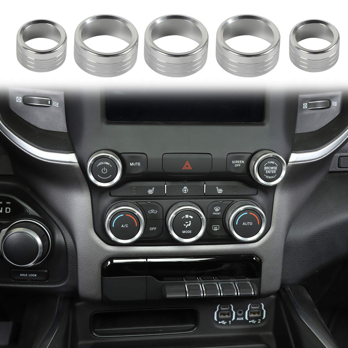 Voodonala for Dodge RAM Aluminum Center Console AC Radio Switch Knob Cover for 2018-2025+RAM Interior Accessories, 5pcs Silver