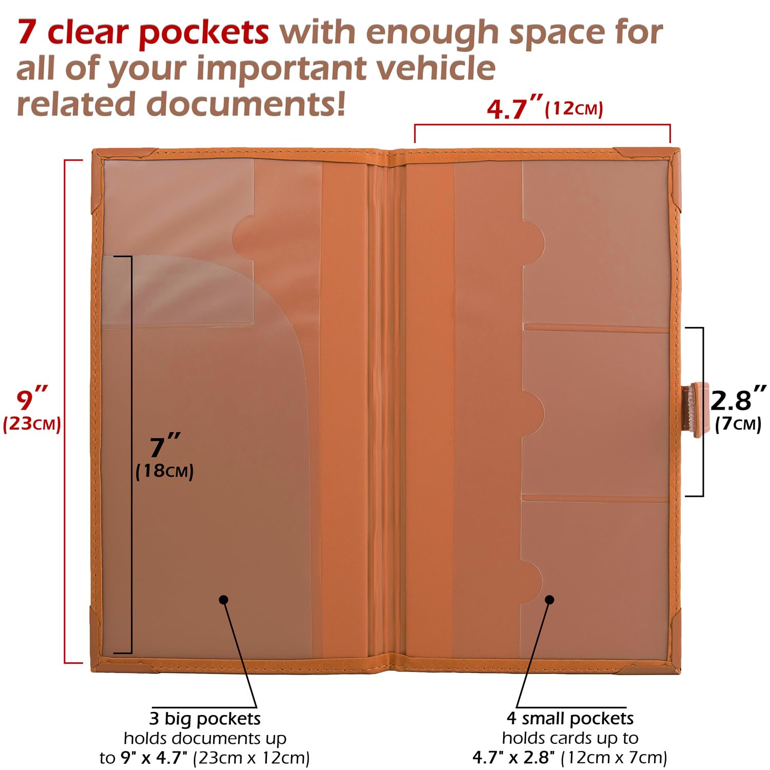 PlusXpres Orange Auto Insurance & Registration Card Holder - PU Leather Vehicle Document Organizer for DMV & Contact Information