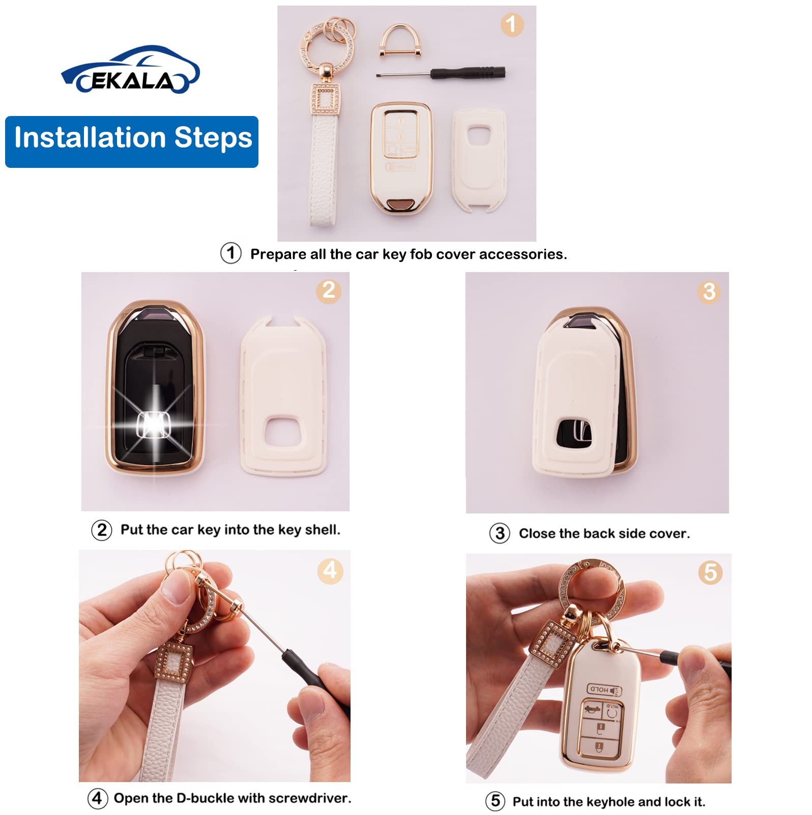 EKALA Honda Key Fob Cover with Leather Keychain, White, Compatible with Accord Civic CR-V Odyssey Pilot Key Fob