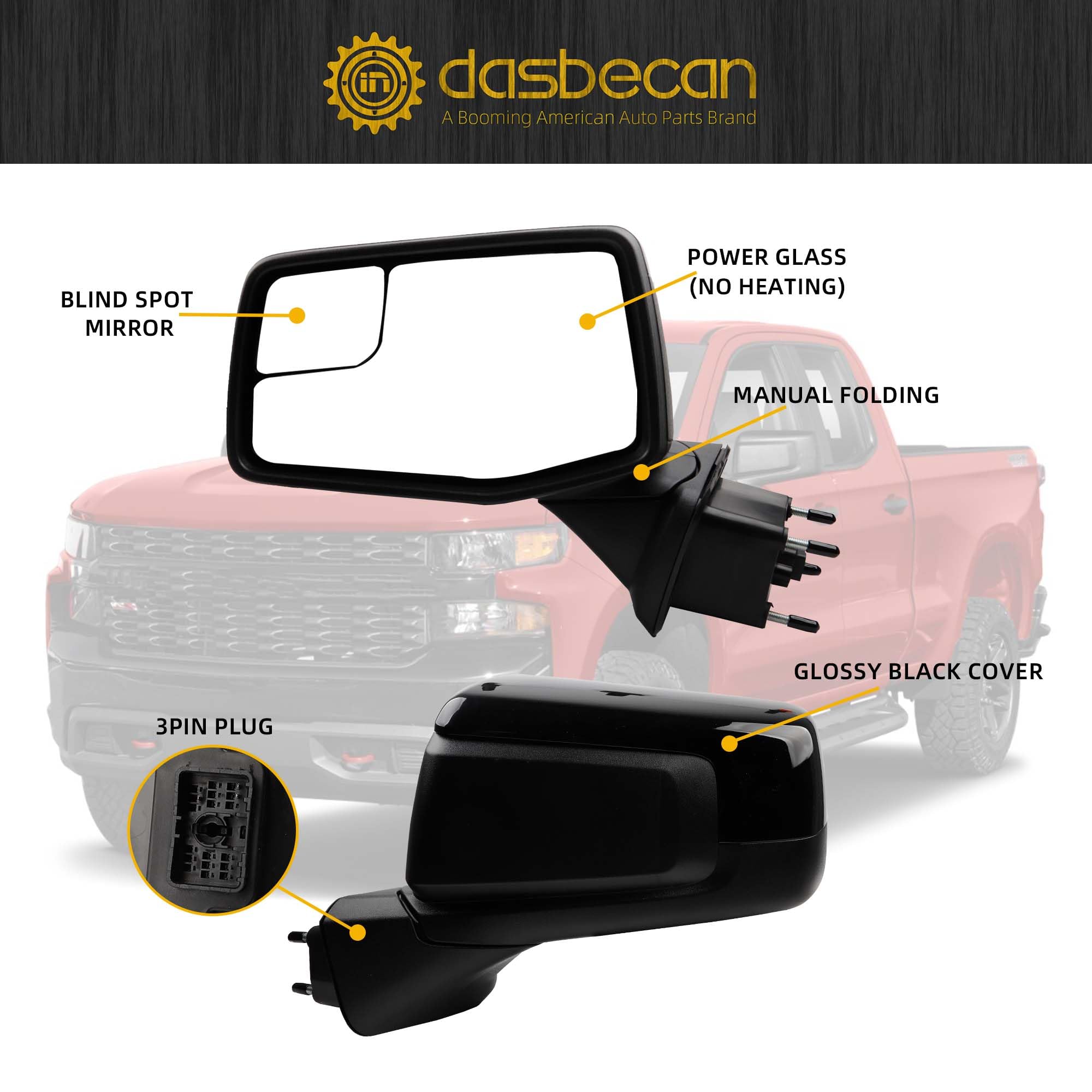 Dasbecan Left Driver Side Mirror Compatible with 2019-2024 Chevy Silverado 1500 Blind Spot/Power Glass/Manual Folding Glossy Bla
